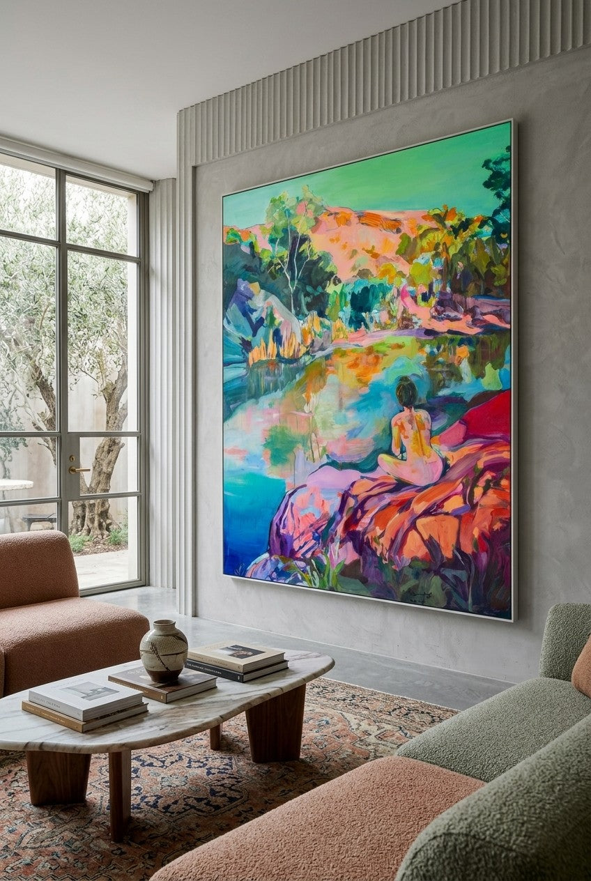 Undecorated by Summer Jiang — large pink and blue Abstract canvas art displayed on a wall