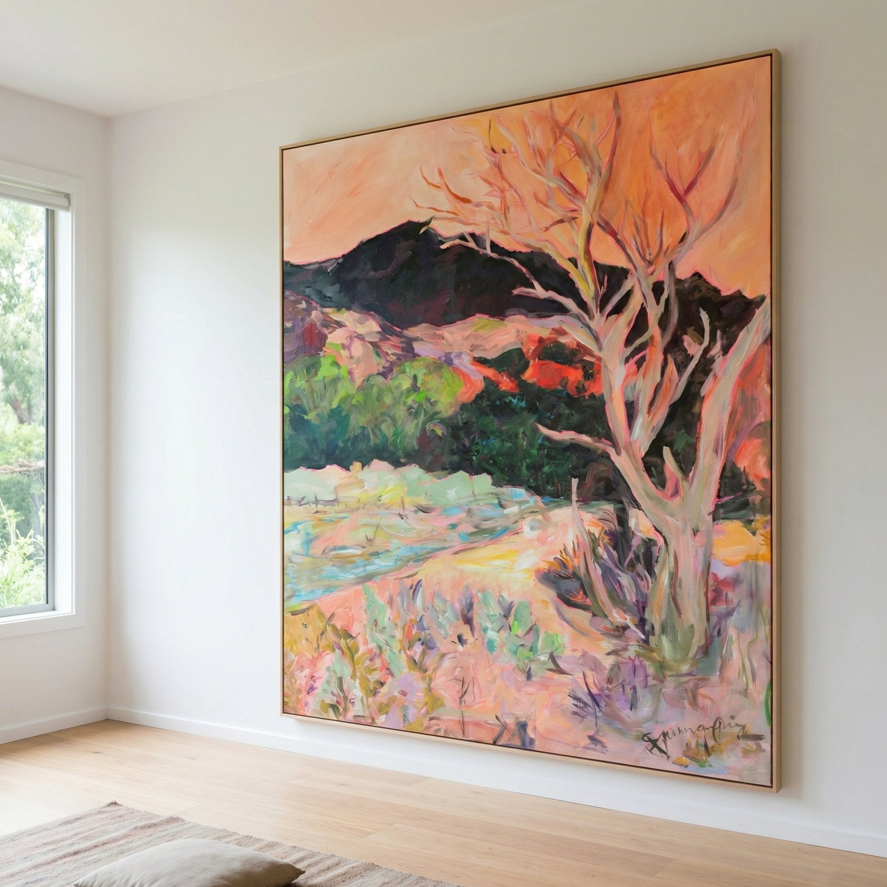 Quiet Grace Abstract Landscape canvas wall art framed and hung on a wall, 120 × 140 cm, by Summer Jiang