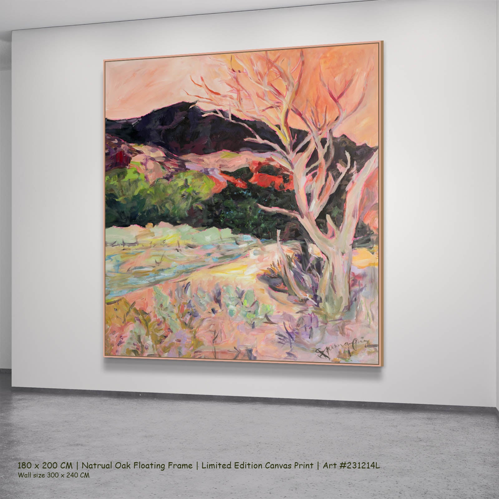 Quiet Grace Abstract canvas wall art in a natural oak floating frame, 180 × 200 cm
