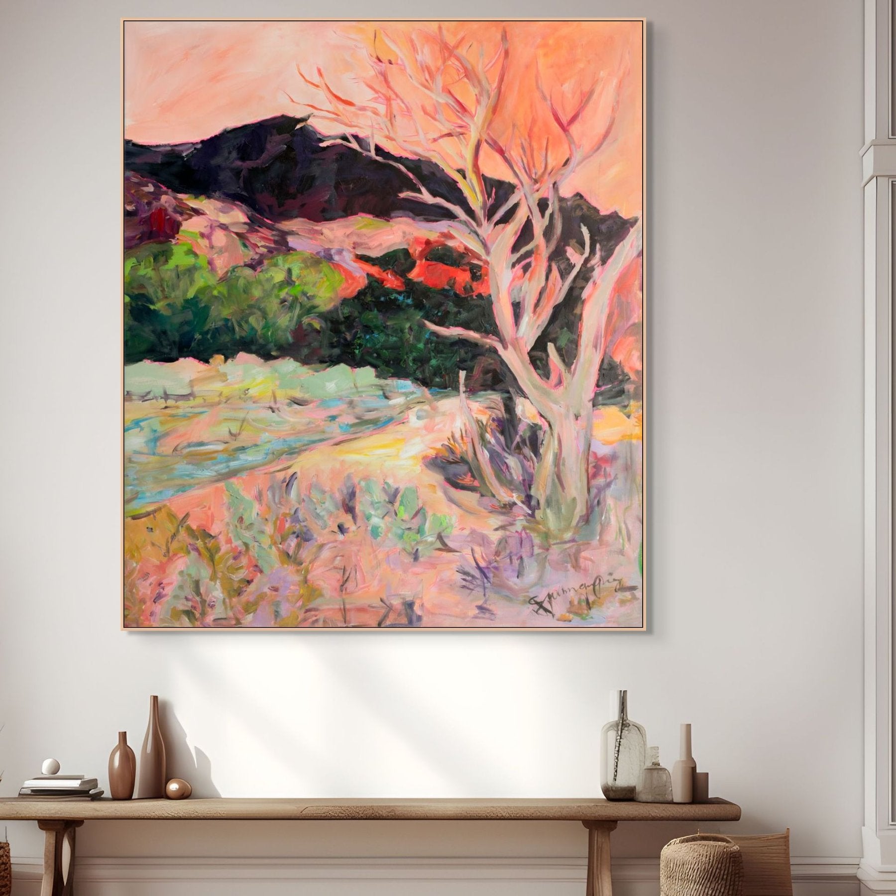 Quiet Grace Large Scale Abstract canvas wall art styled in a room setting by Summer Jiang