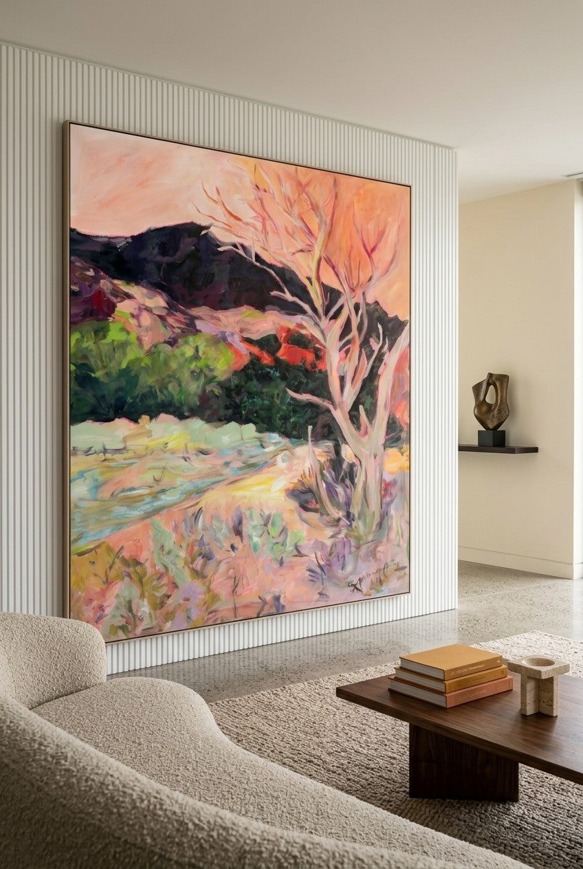 Quiet Grace by Summer Jiang — large orange and green Landscape canvas art displayed on a wall