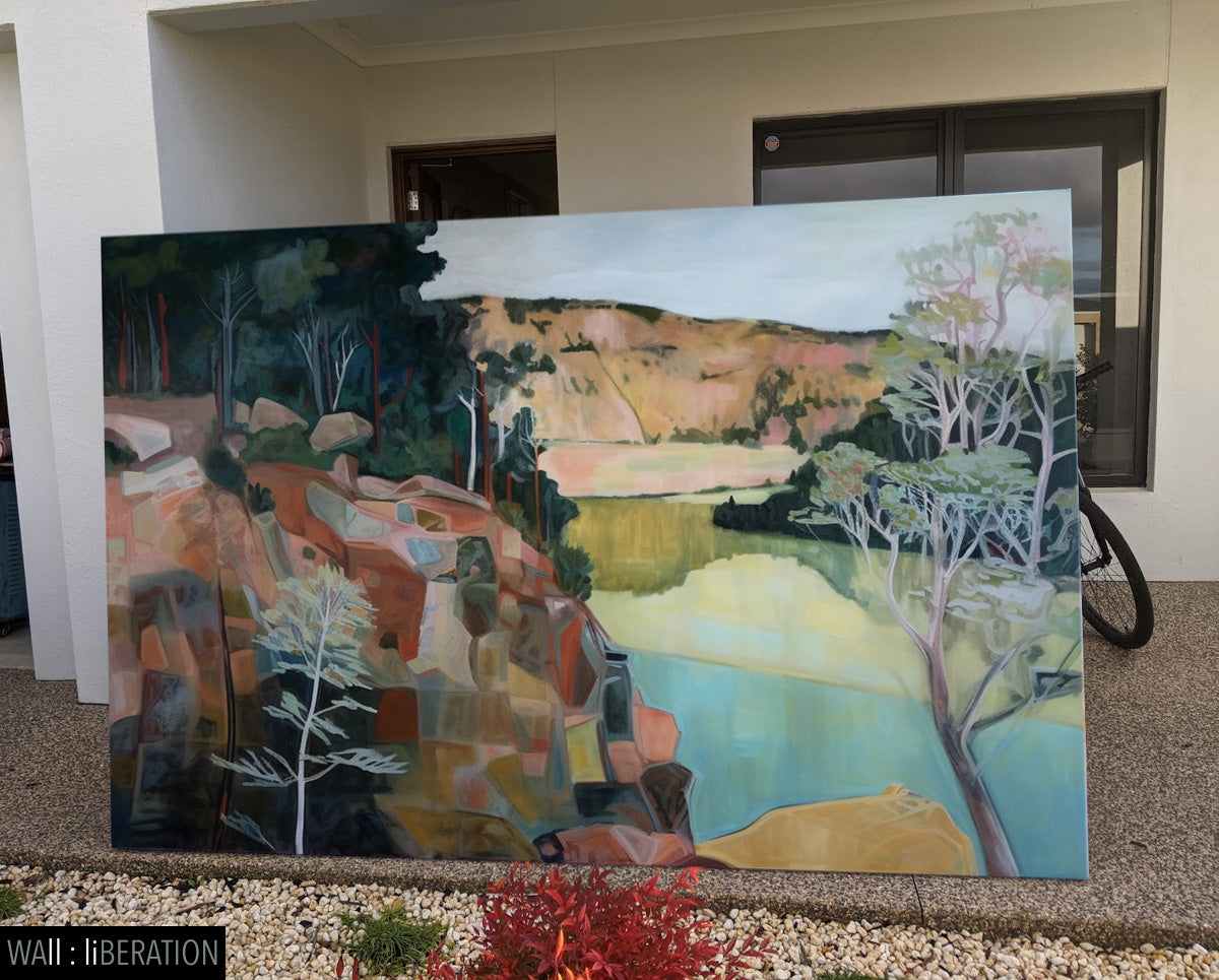 Little Murray River Large Contemporary Landscape canvas wall art framed and hung on a wall