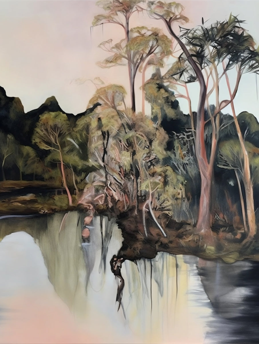Murray River by Summer Jiang, large pink and green landscape canvas print of woodland reflected in water