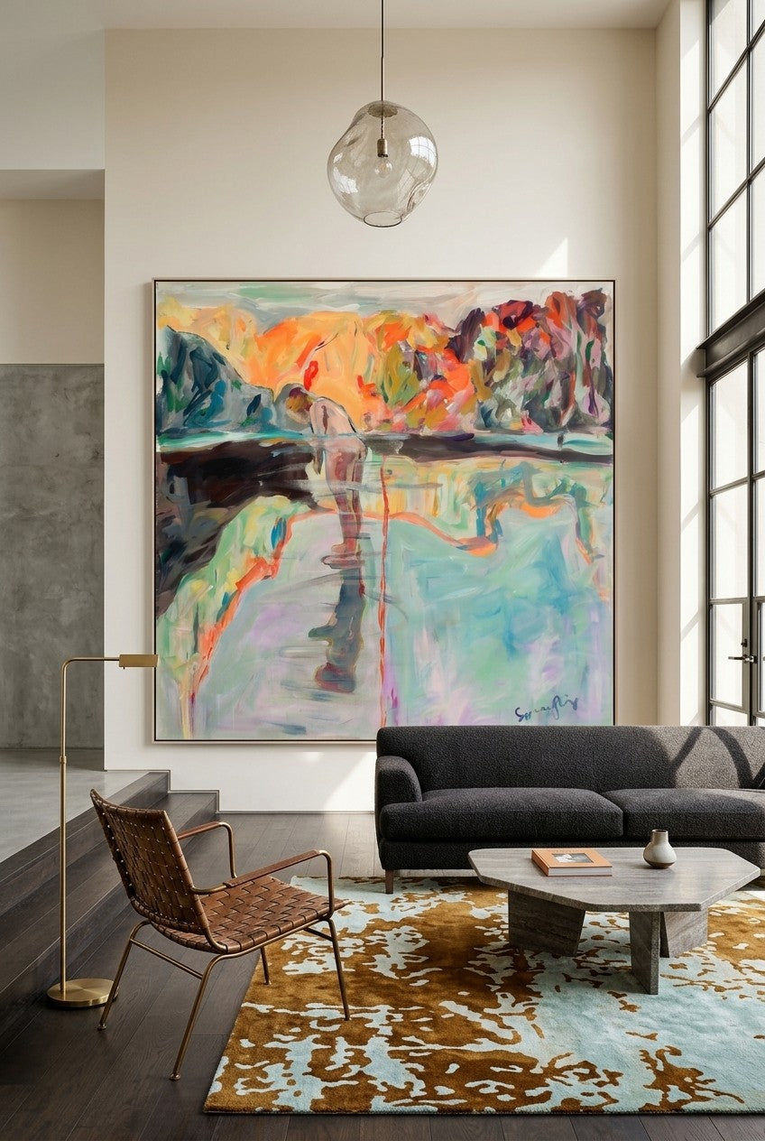 Faithful by Summer Jiang — large orange and blue canvas art displayed on a wall