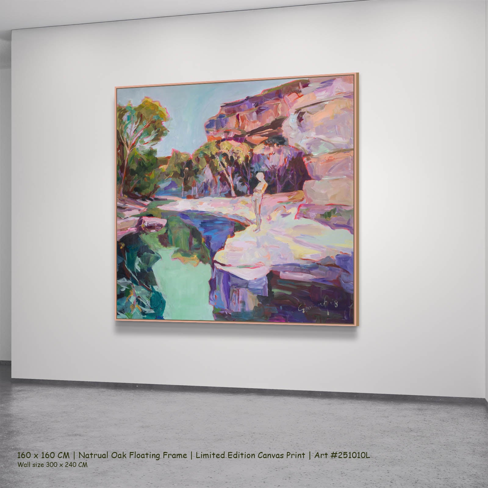 Contemplating Abstract canvas wall art in a natural oak floating frame, 160 × 160 cm