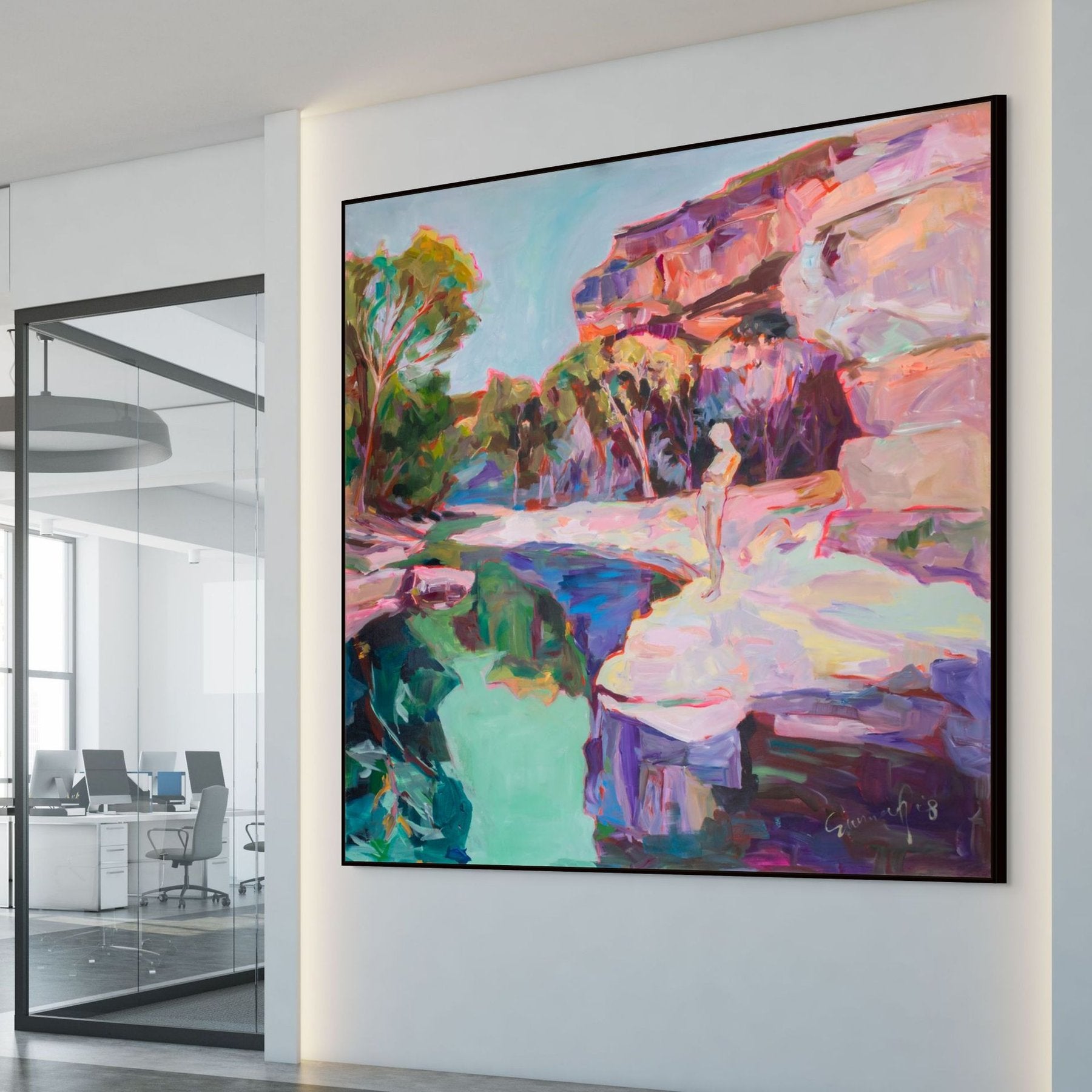 Contemplating Oversized Abstract canvas wall art styled in a room setting by Summer Jiang