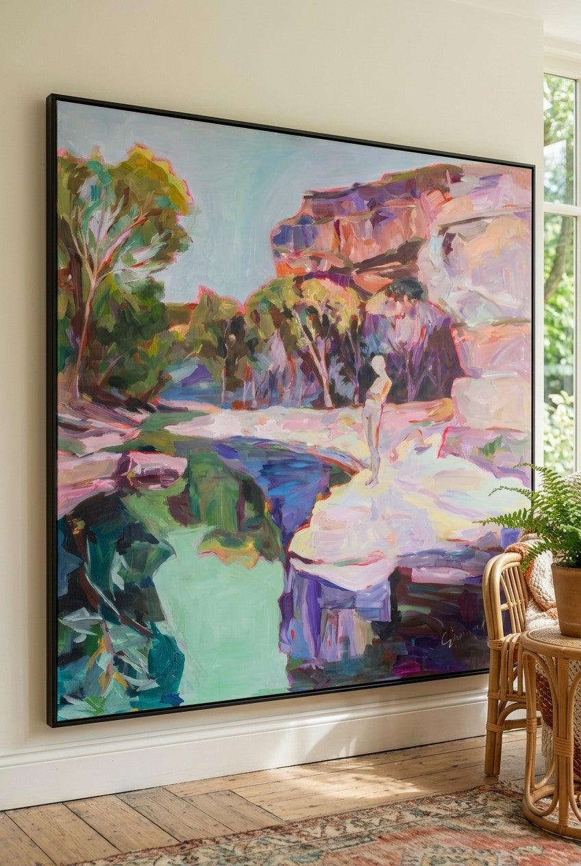 Contemplating by Summer Jiang — large pink and green Abstract canvas art displayed on a wall