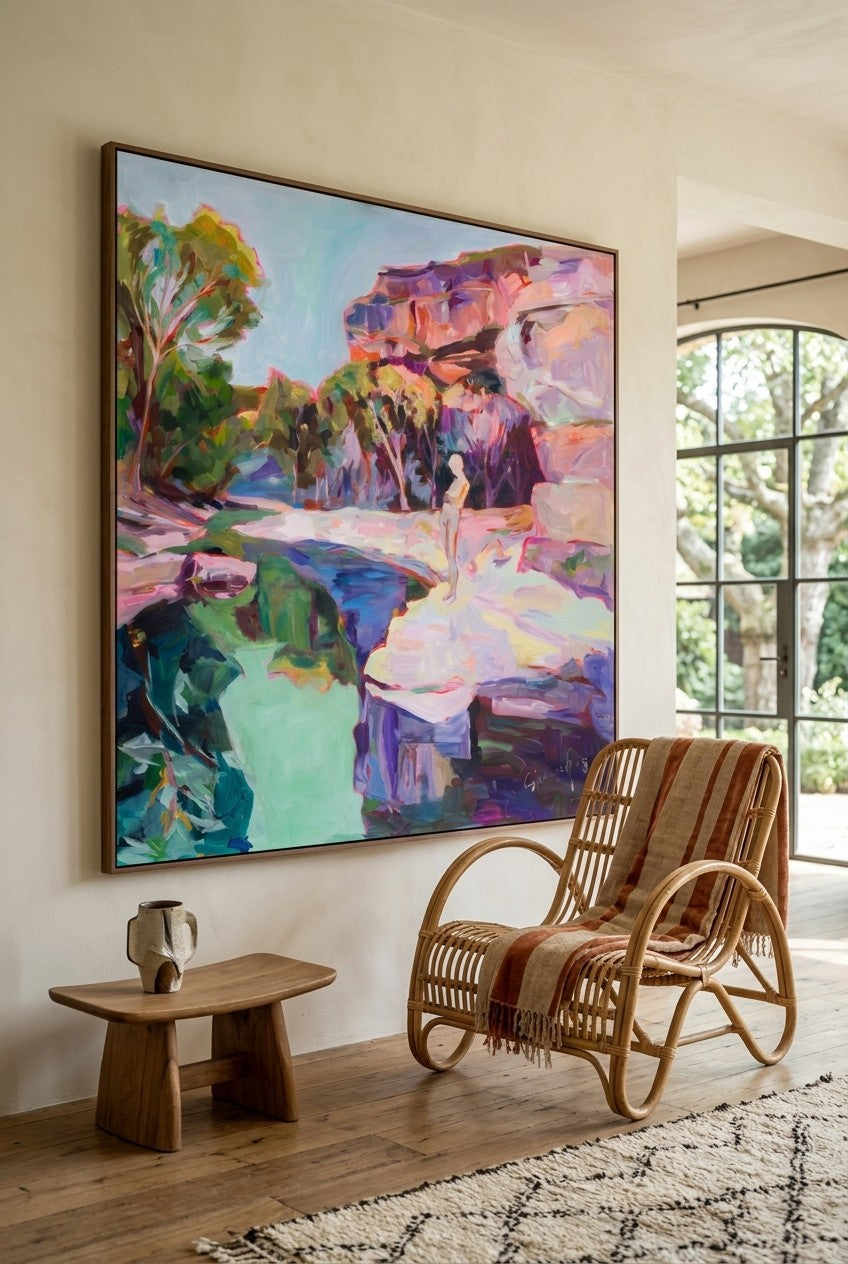 Contemplating by Summer Jiang — large pink and green Abstract canvas art displayed on a wall