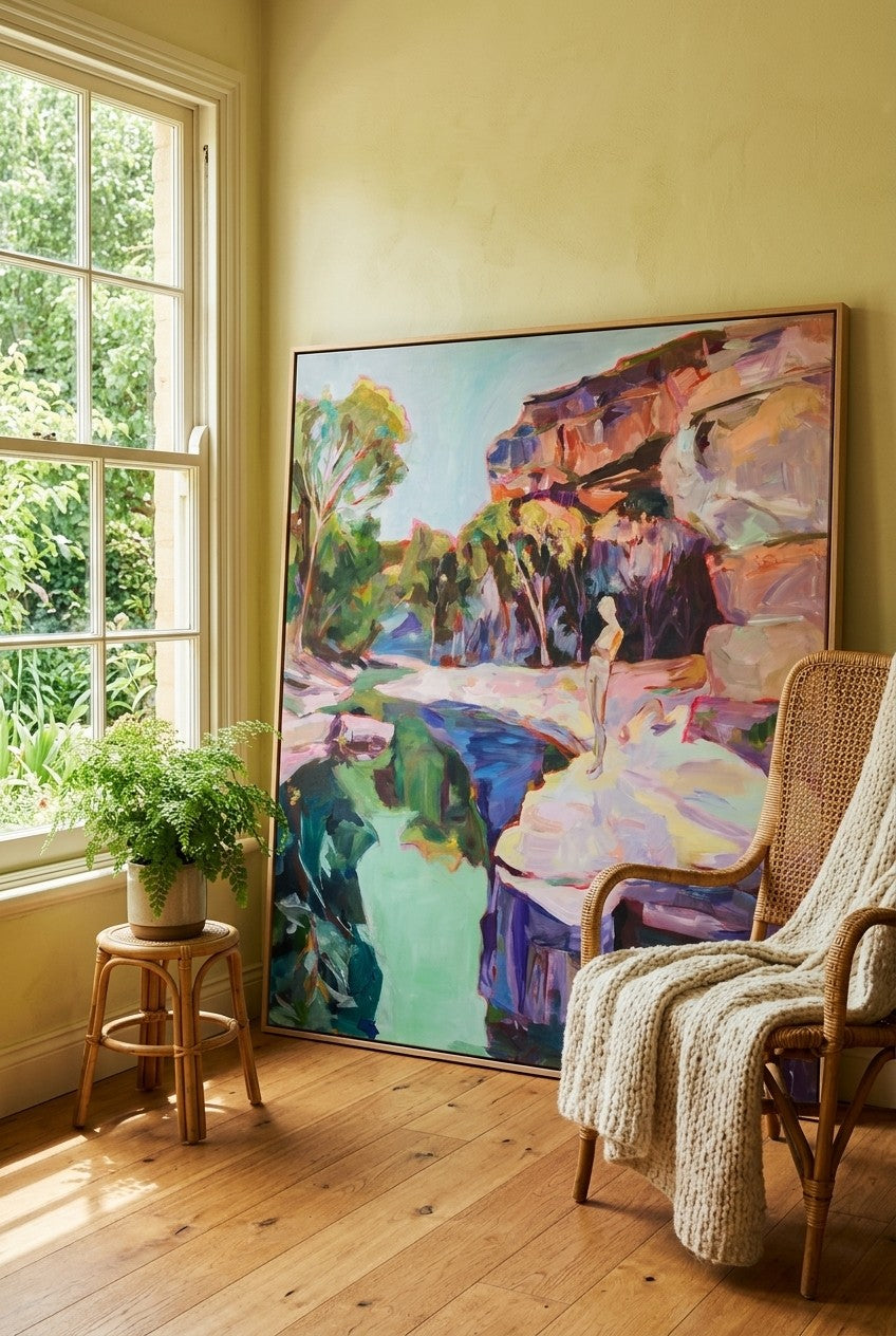 Contemplating by Summer Jiang — large pink and green Abstract canvas art displayed on a wall