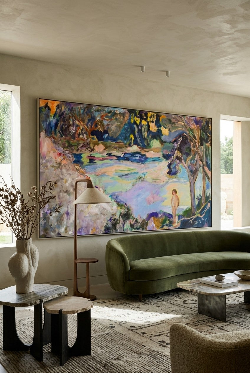 Accidental Knowing by Summer Jiang — large pink and blue Modern canvas art displayed on a wall
