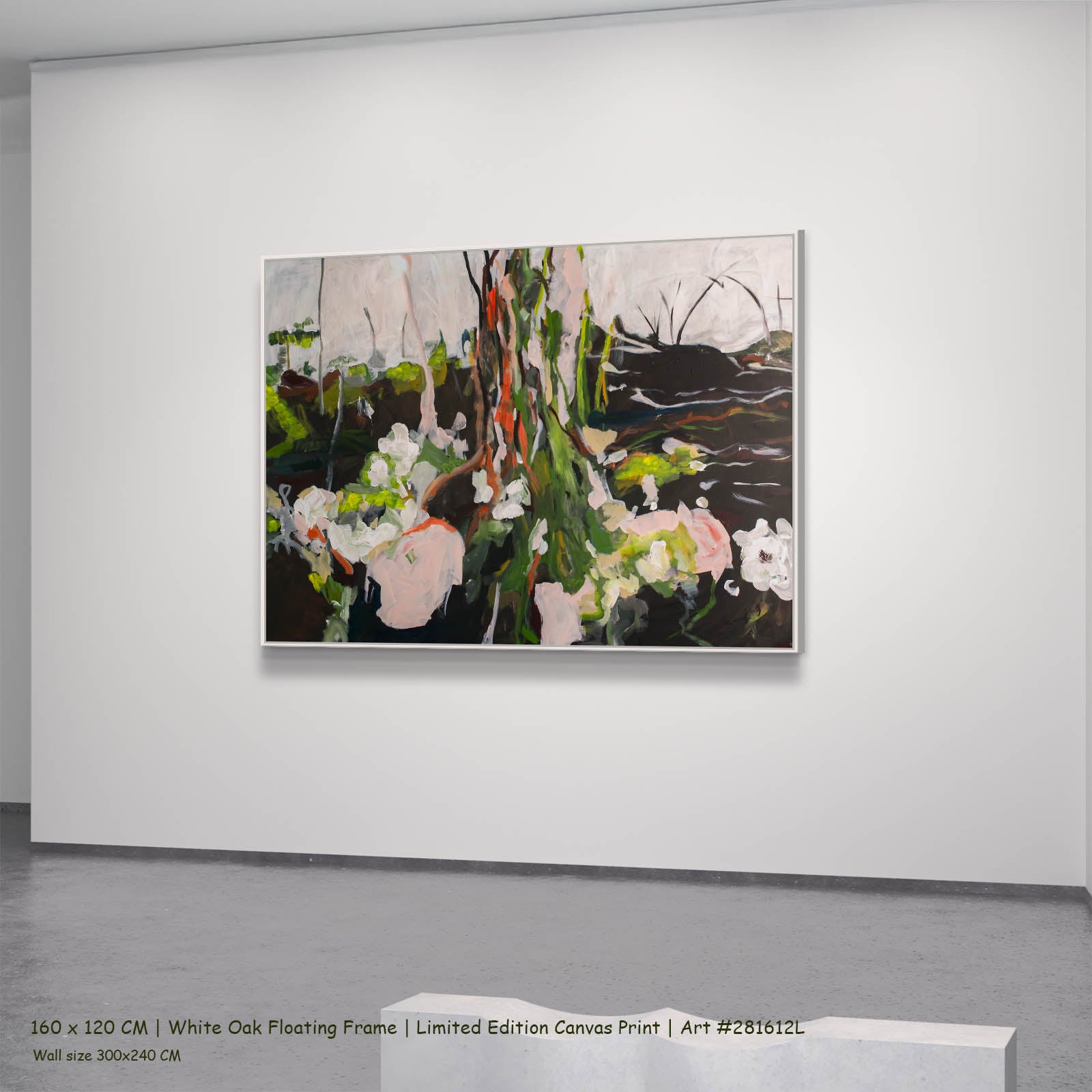 Rooted Presence Abstract canvas wall art in a white oak floating frame, 160 × 120 cm