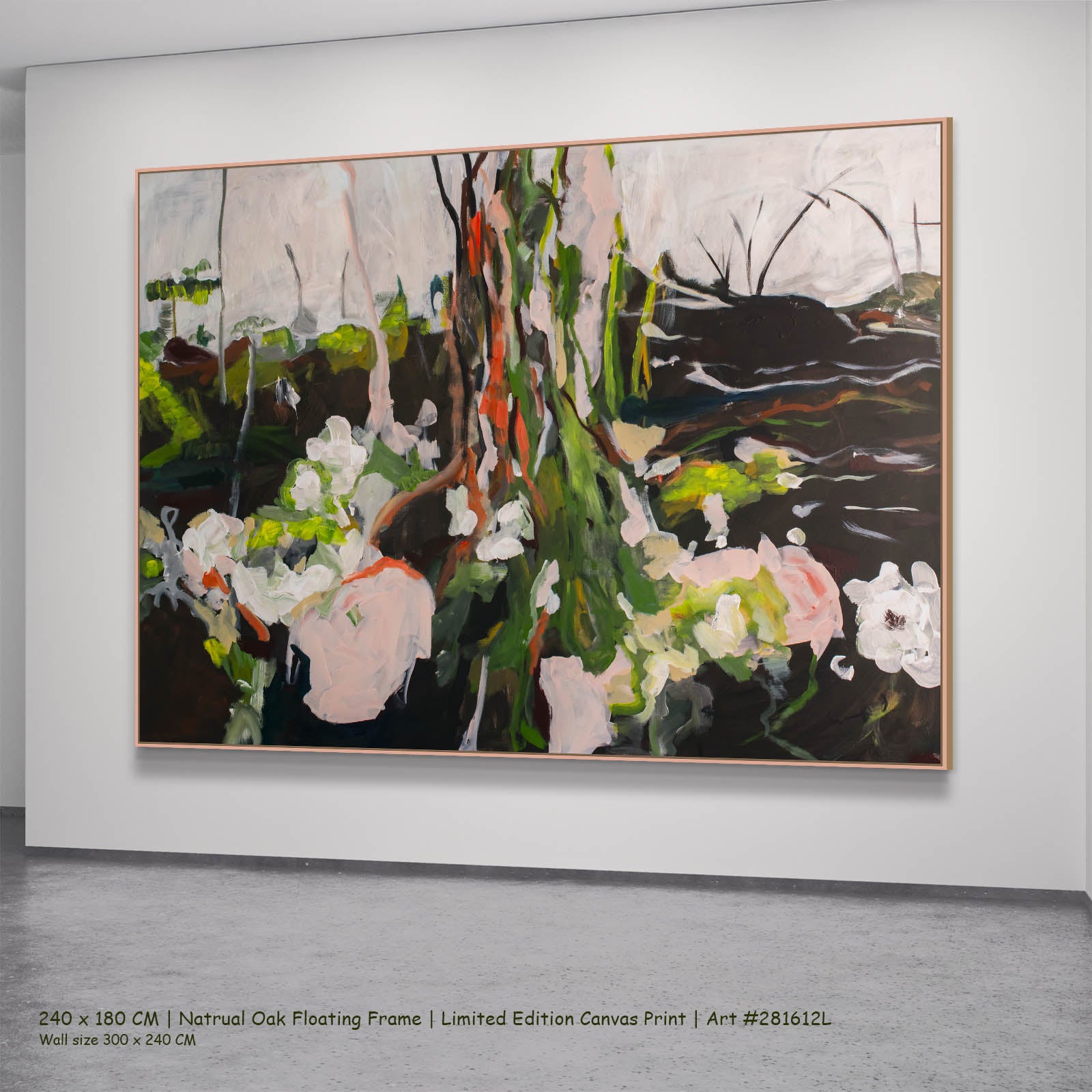 Rooted Presence Abstract canvas wall art in a natural oak floating frame, 240 × 180 cm