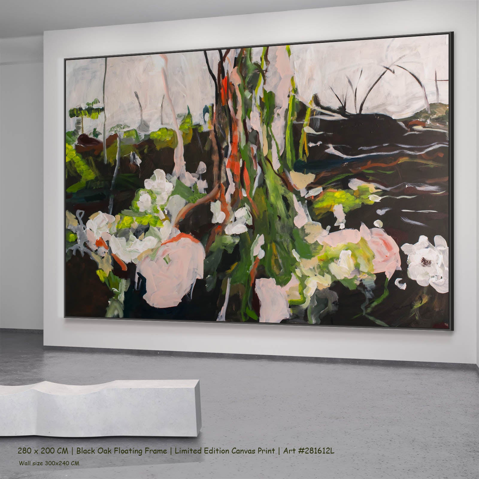 Rooted Presence Abstract canvas wall art in a black oak floating frame, 280 × 200 cm
