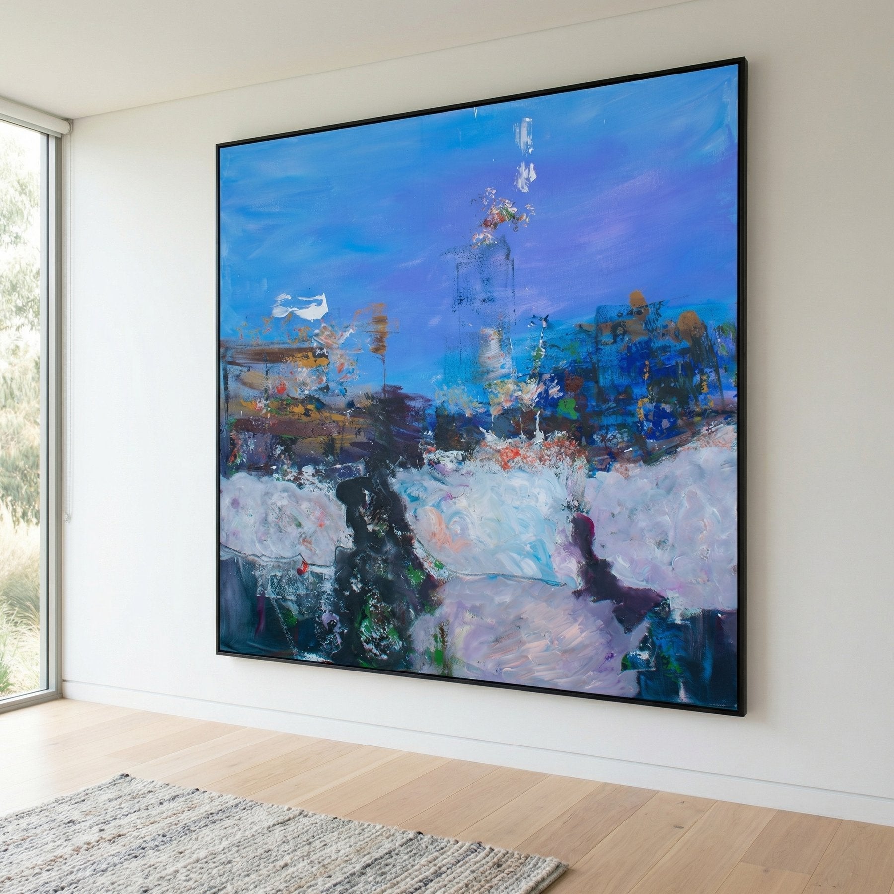 Holding On Contemporary Landscape canvas wall art framed and hung on a wall, 100 × 100 cm, by Summer Jiang
