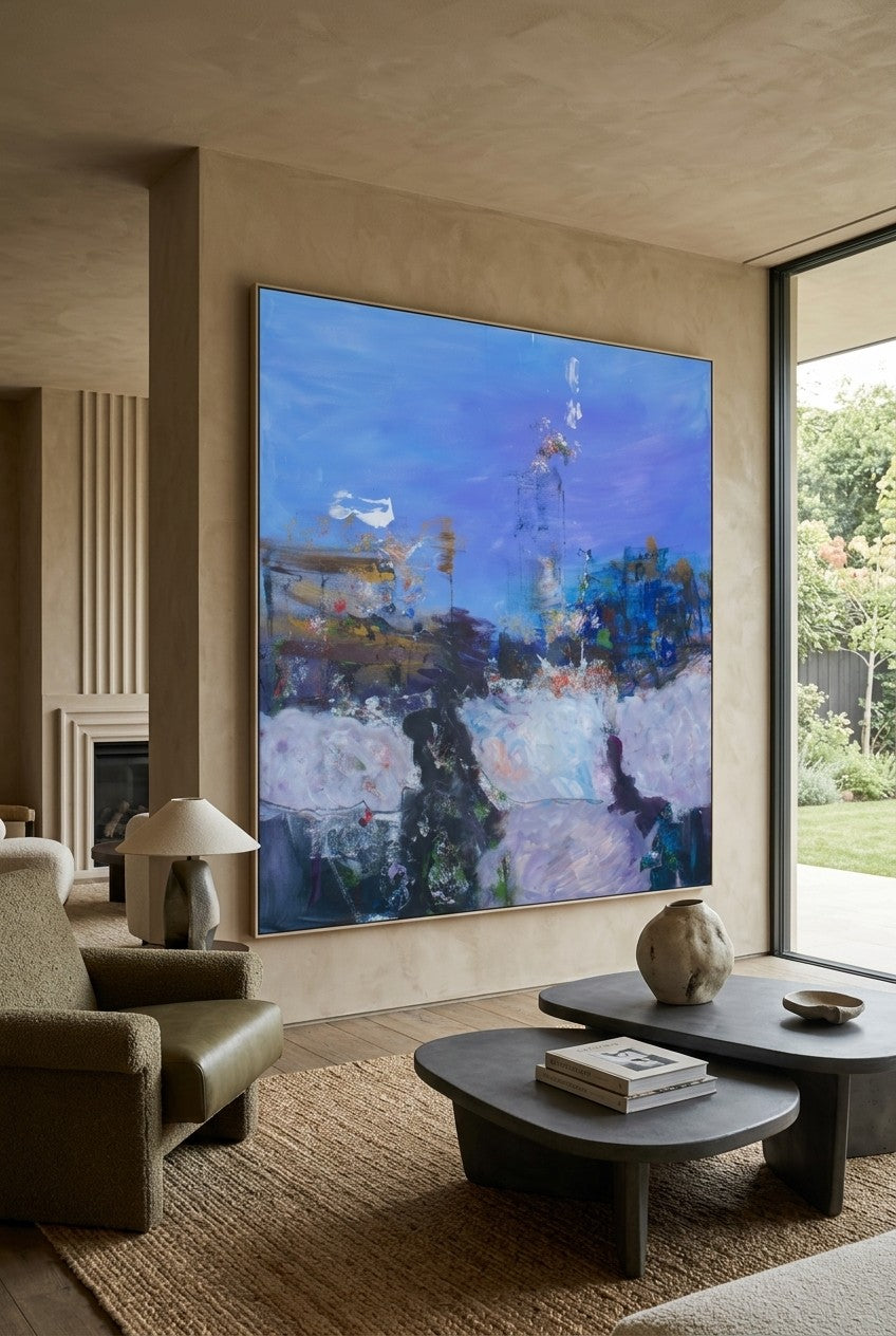 Holding On by Summer Jiang — large blue and purple Landscape canvas art displayed on a wall