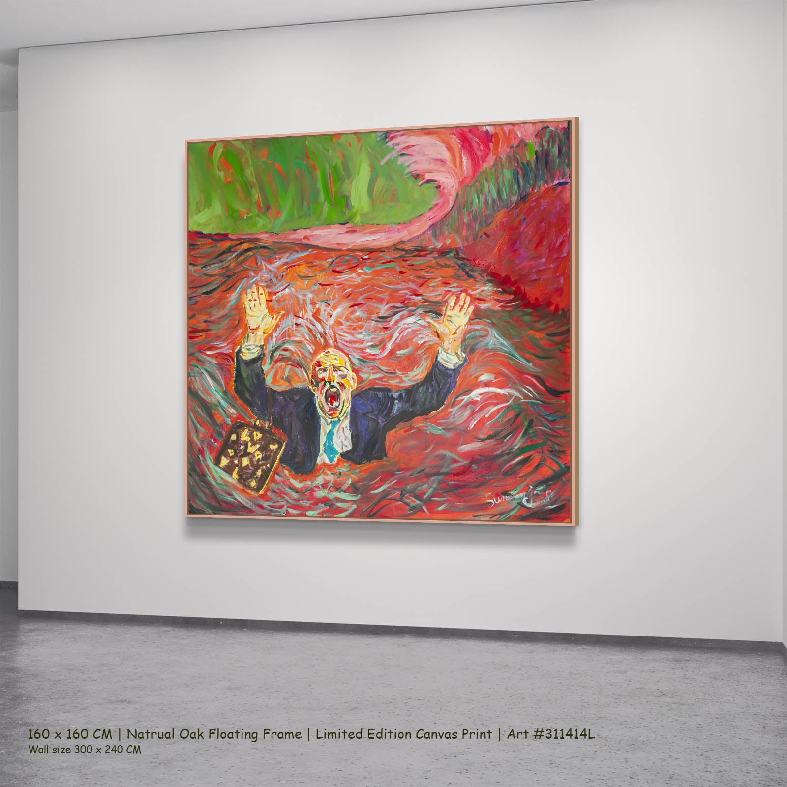 Drowning Dishonesty Contemporary canvas wall art in a natural oak floating frame, 160 × 160 cm