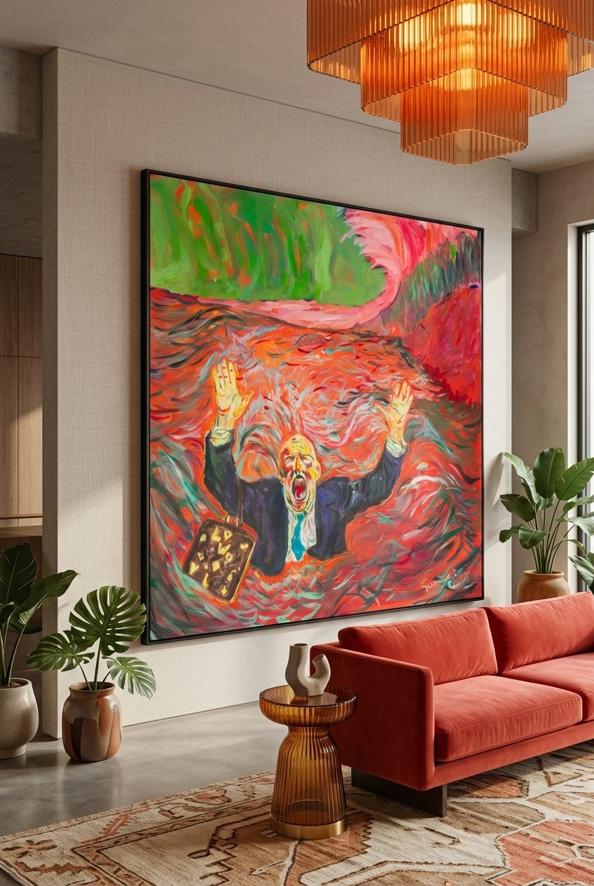 Drowning Dishonesty by Summer Jiang — large red and green canvas art displayed on a wall