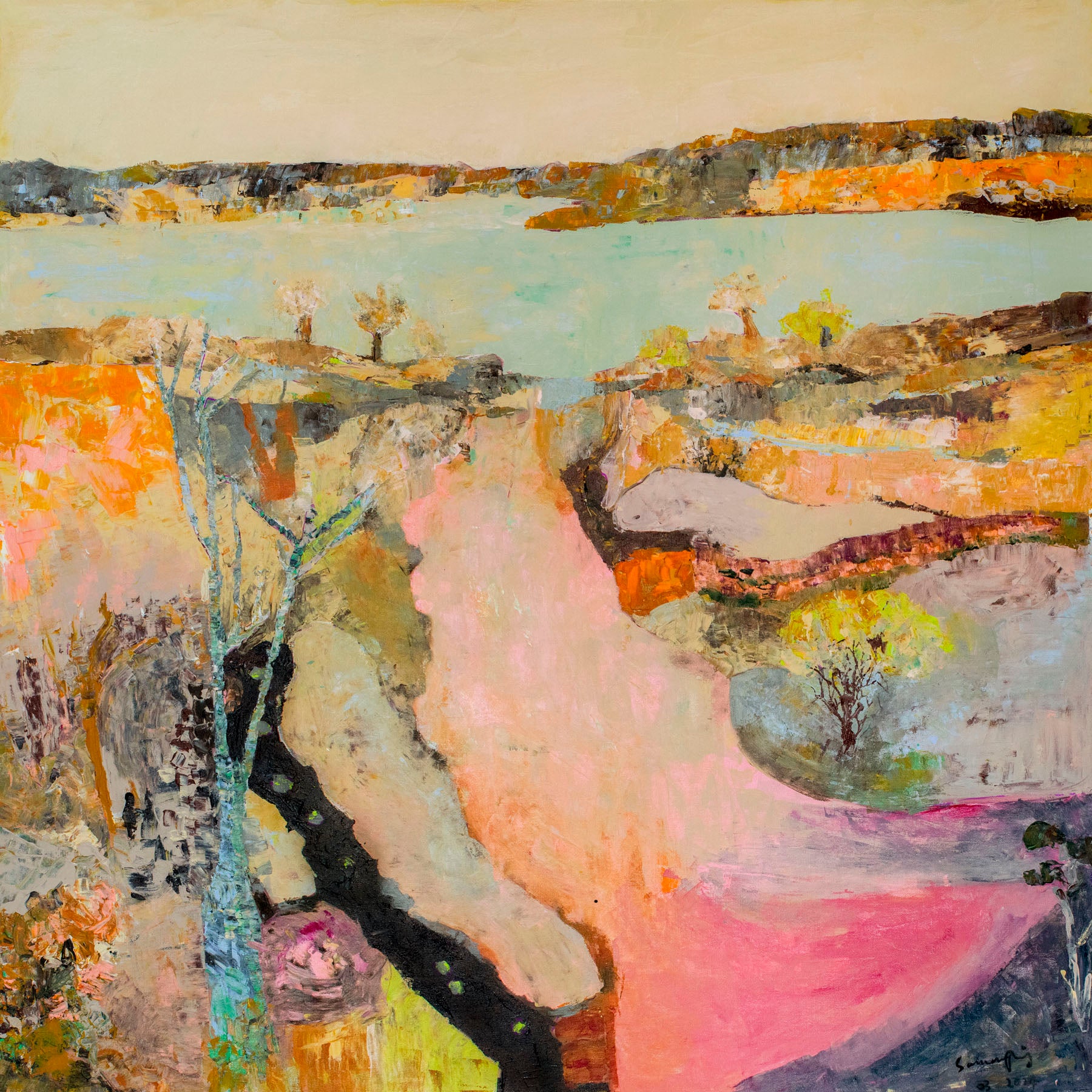 Wodonga — pink orange yellow Large Abstract Landscape canvas wall art by Summer Jiang