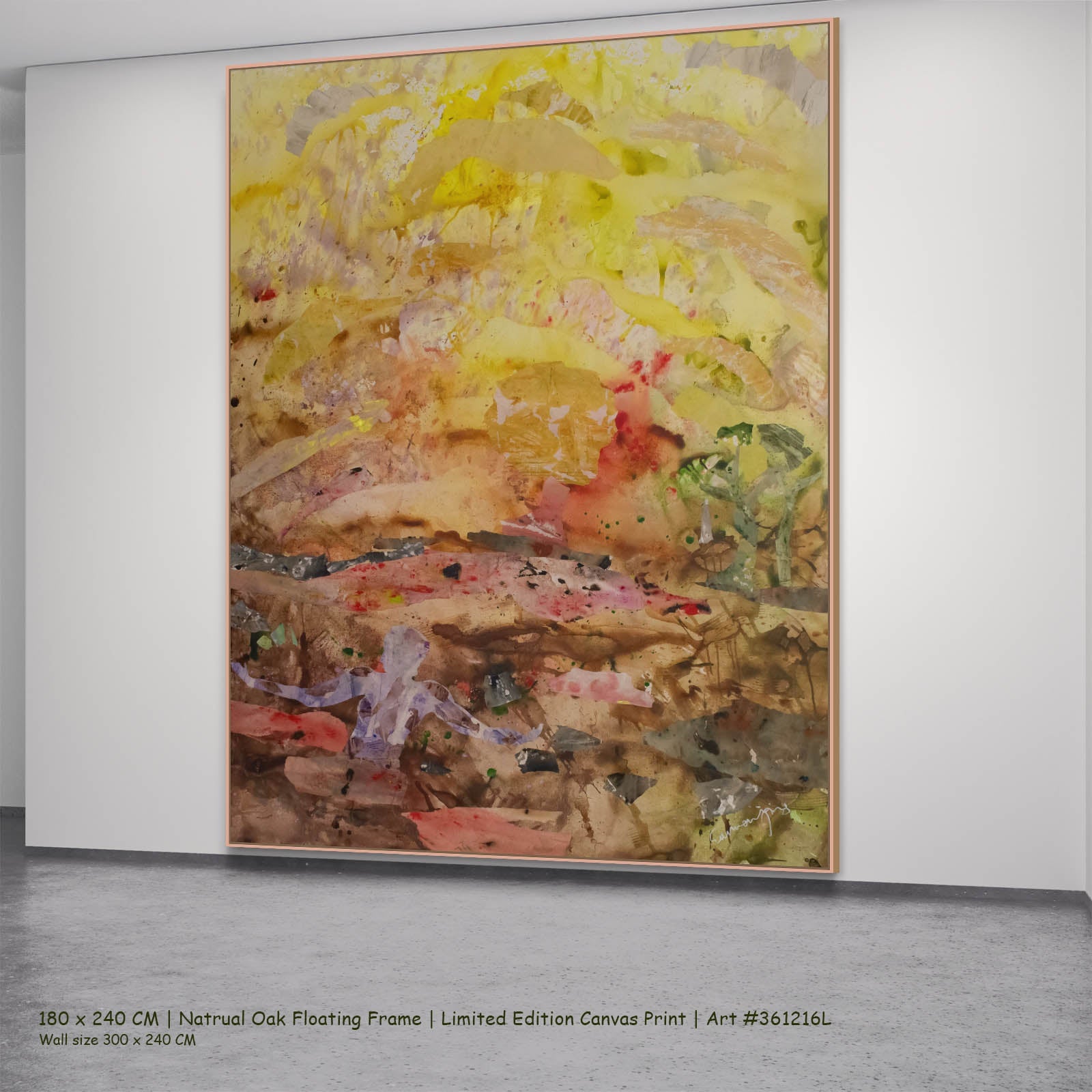 Walk Through Dawn Modern canvas wall art in a natural oak floating frame, 180 × 240 cm