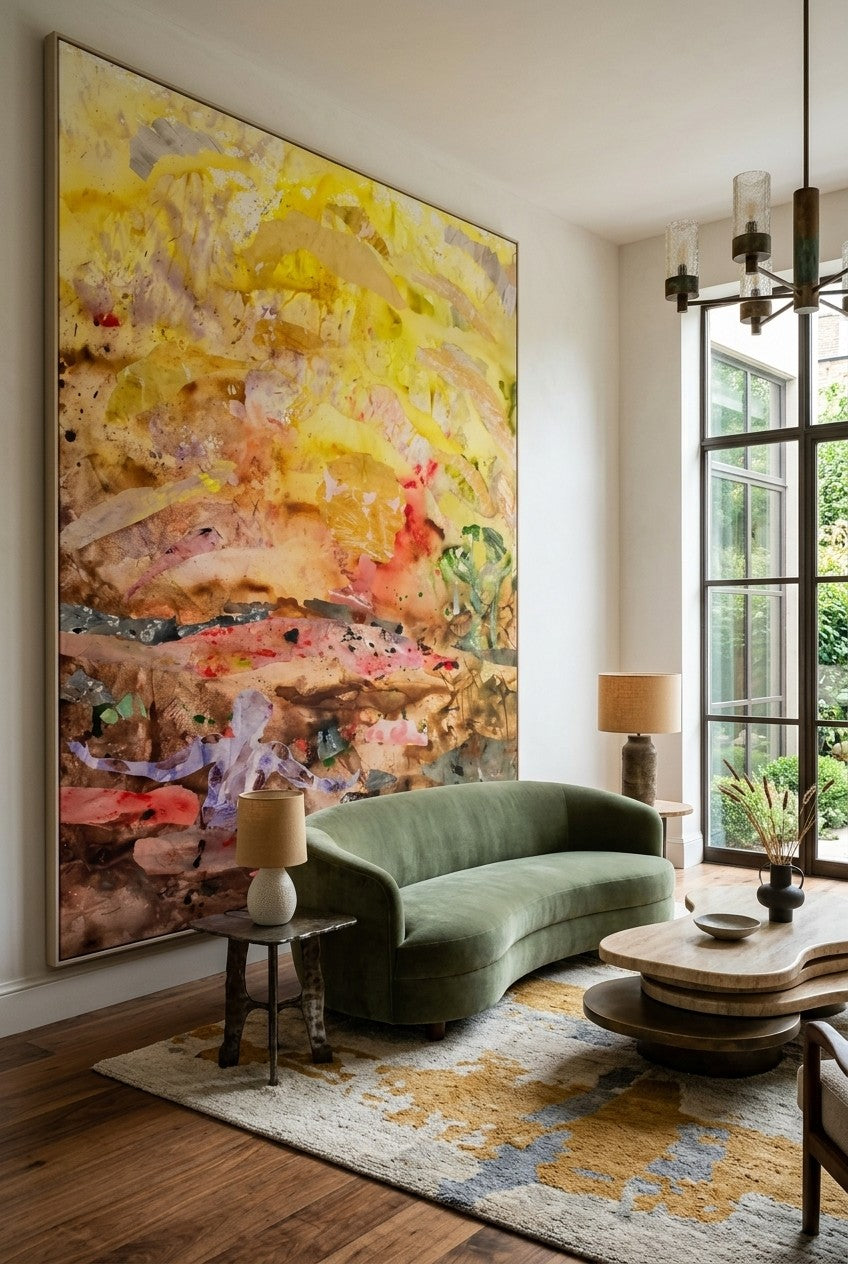 Walk Through Dawn by Summer Jiang — large yellow and brown Landscape canvas art displayed on a wall