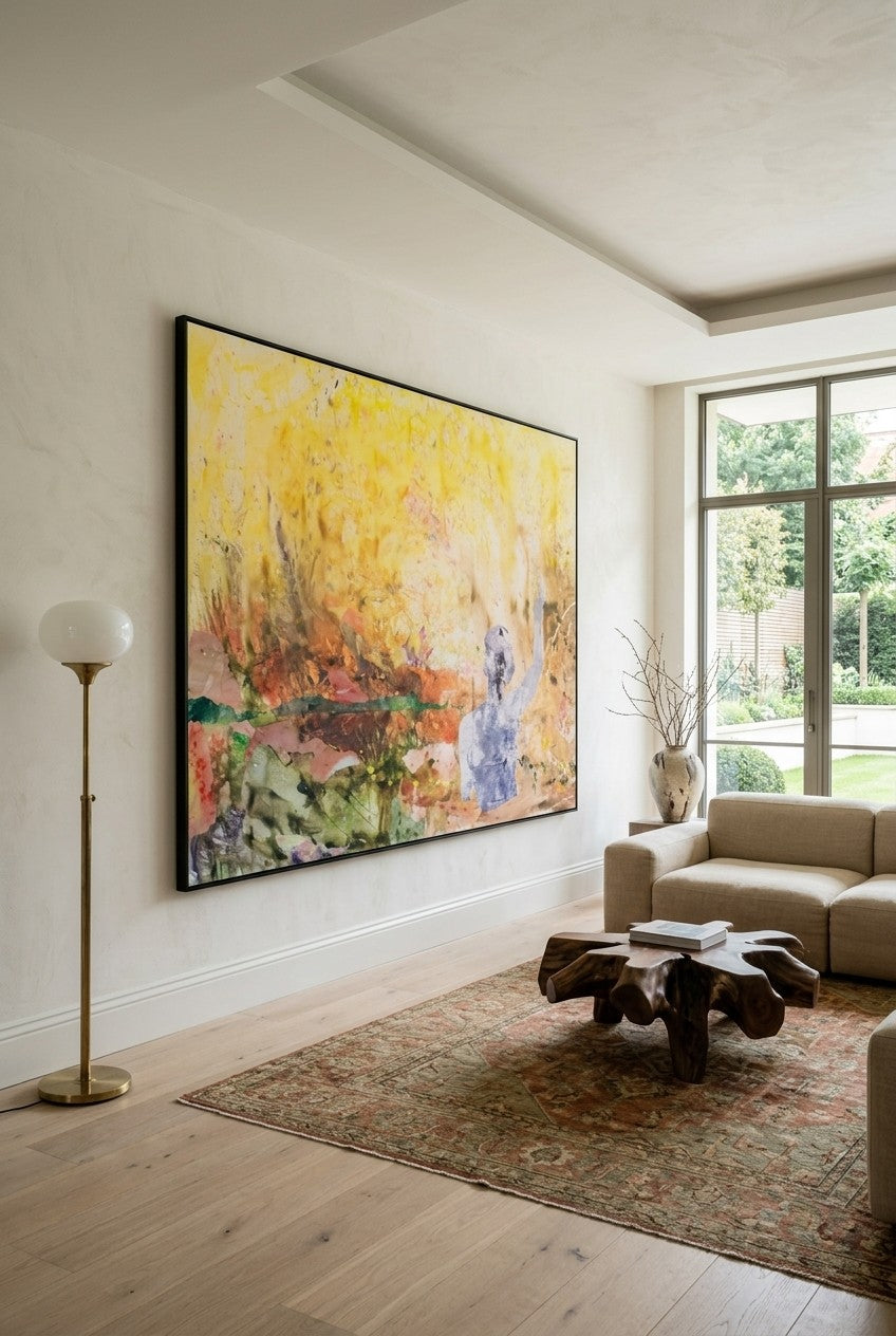 The Merge by Summer Jiang — large yellow and brown Abstract canvas art displayed on a wall