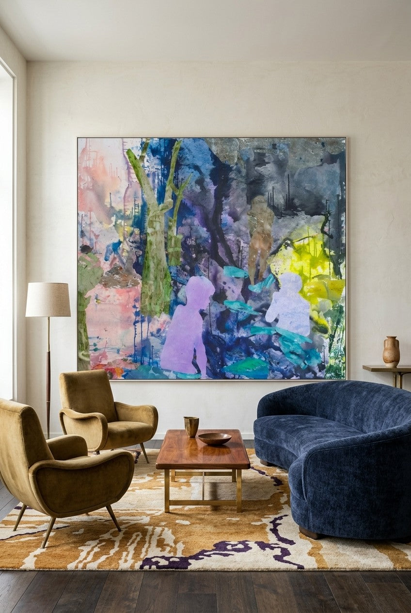 The Search by Summer Jiang — large blue and purple canvas art displayed on a wall