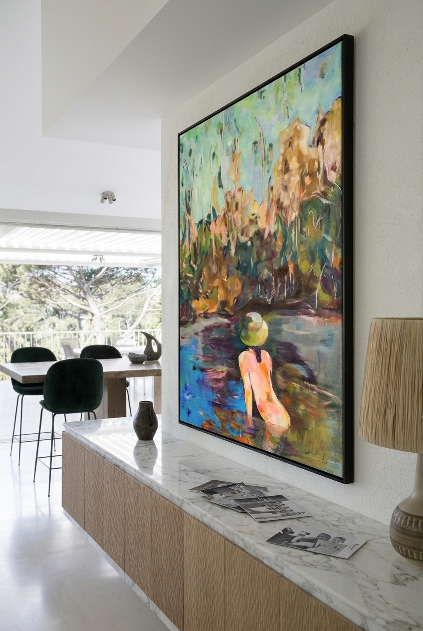 Missed by Summer Jiang — large green and blue Abstract canvas art displayed on a wall
