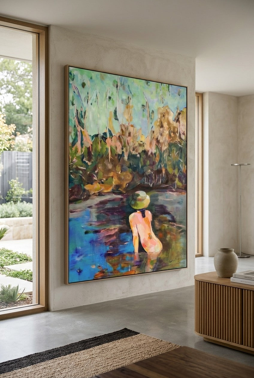 Missed by Summer Jiang — large green and blue Abstract canvas art displayed on a wall