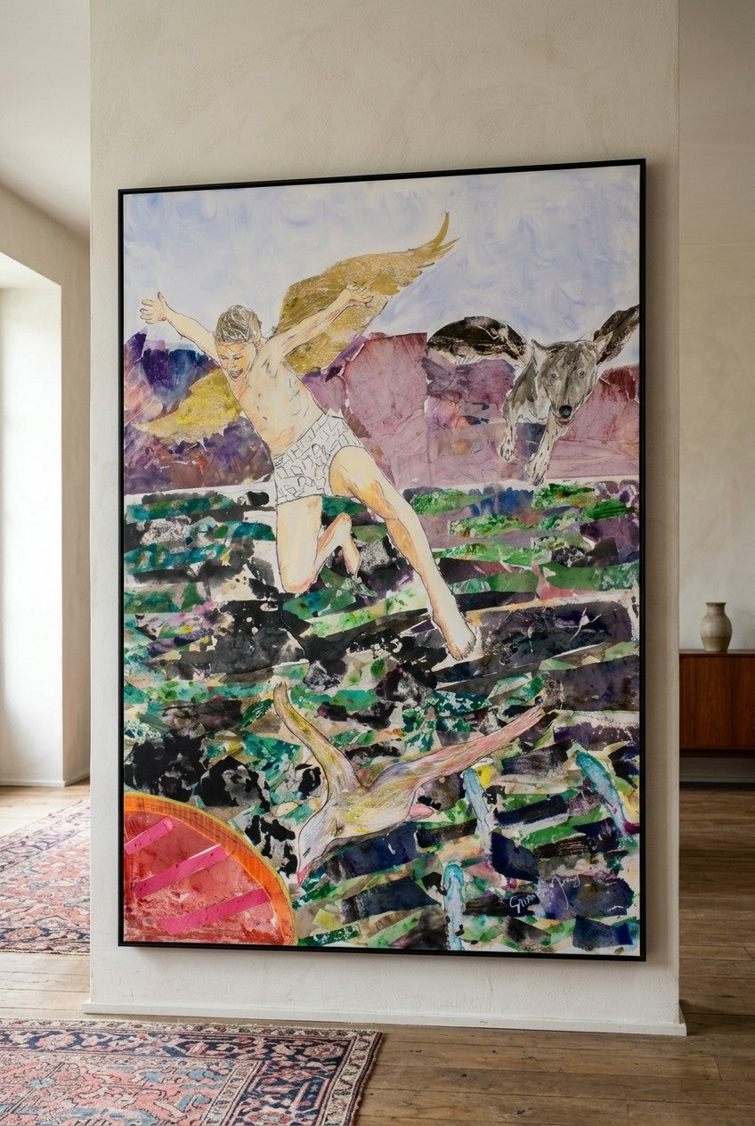 Leap of the Wild Heart by Summer Jiang — large green and light blue Abstract canvas art displayed on a wall