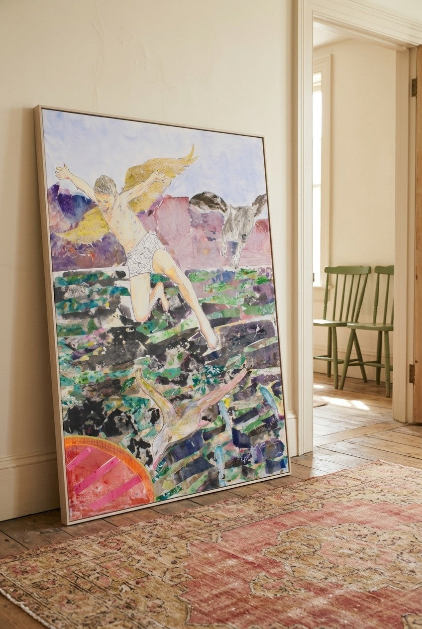 Leap of the Wild Heart by Summer Jiang — large green and light blue Abstract canvas art displayed on a wall