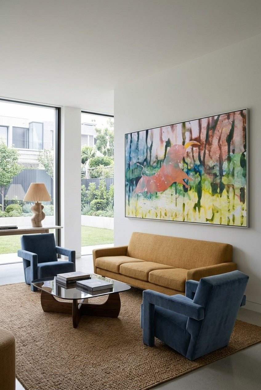 Unbreakable by Summer Jiang — large yellow and pink Landscape canvas art displayed on a wall