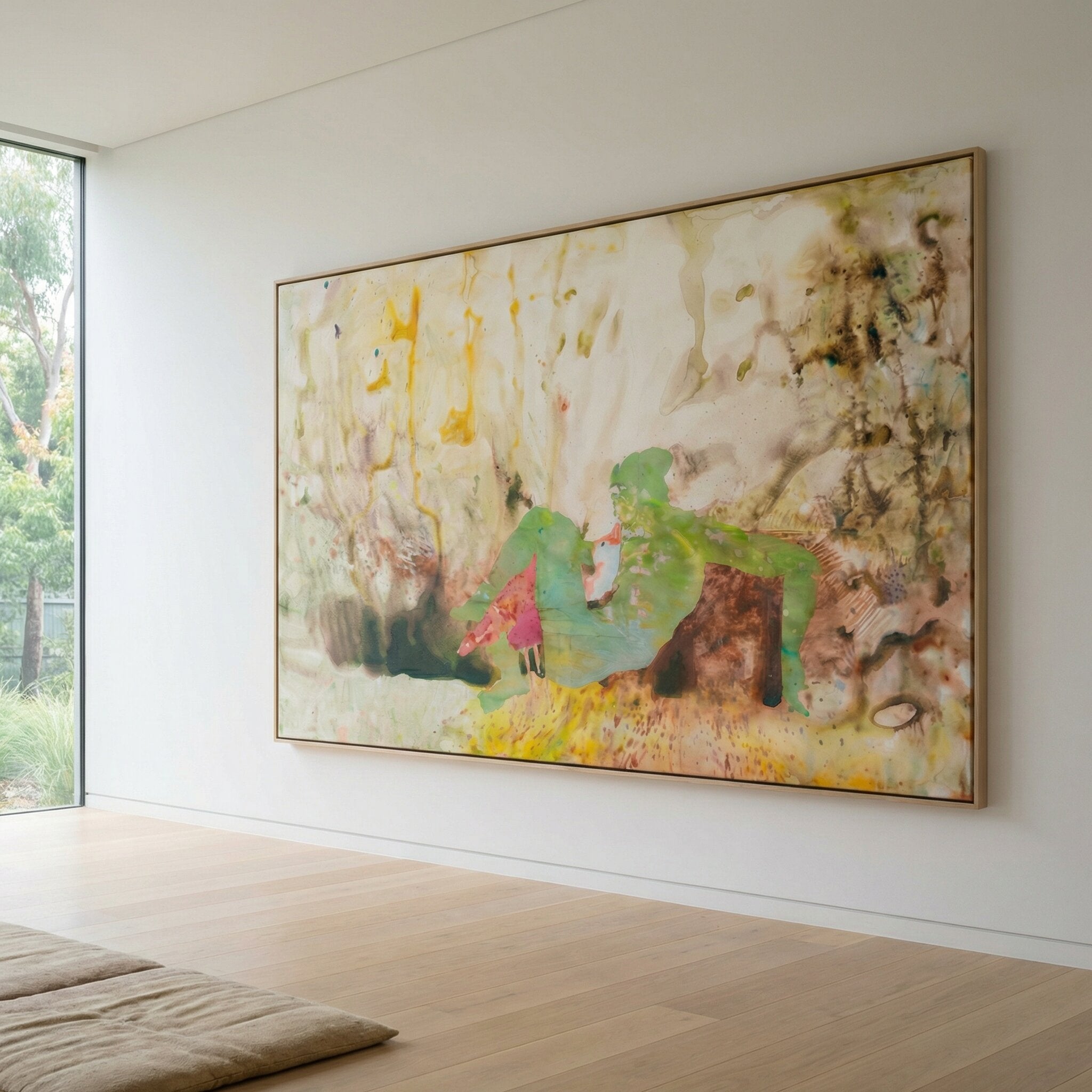 Swan's Whisper Large Scale Modern canvas wall art framed and hung on a wall by Summer Jiang