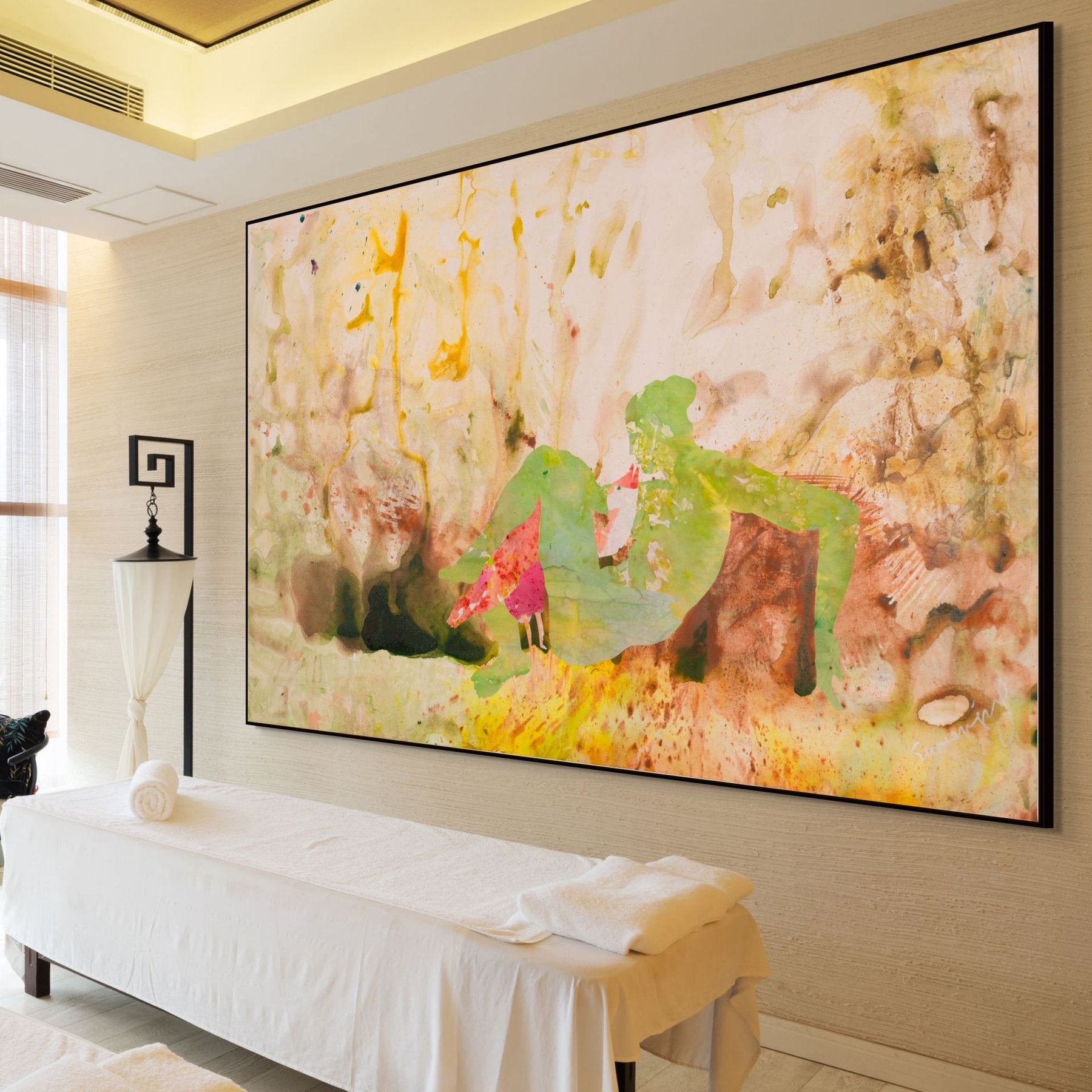Swan's Whisper Large Scale Modern canvas wall art styled in a room setting by Summer Jiang