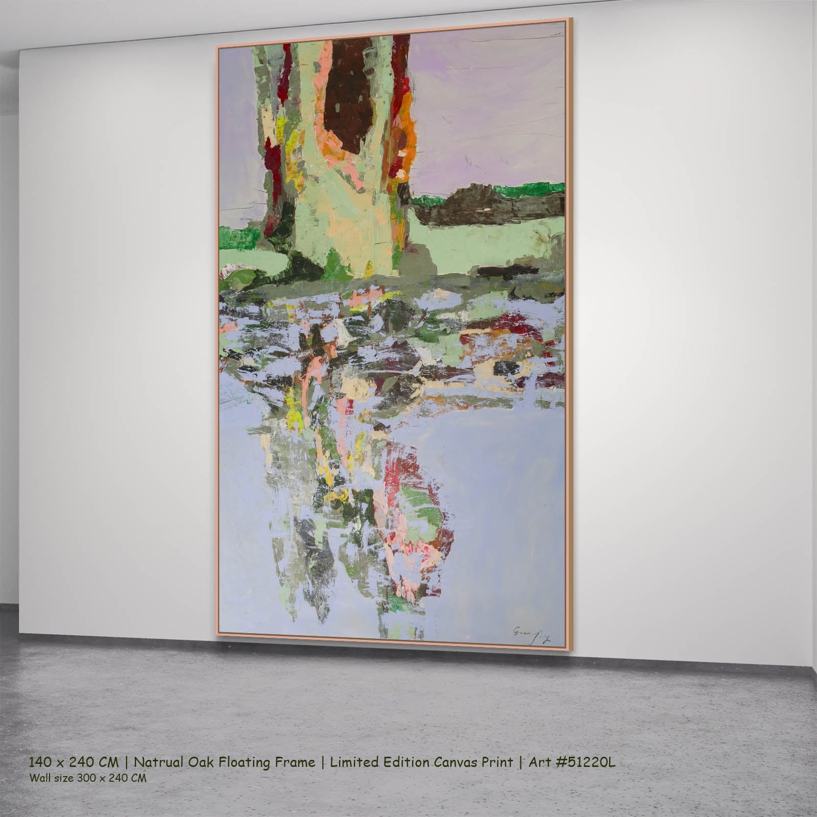 Forgotten Abstract canvas wall art in a natural oak floating frame, 140 × 240 cm