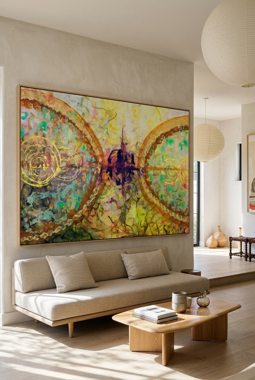 π of Life by Summer Jiang — large gold and yellow canvas art displayed on a wall