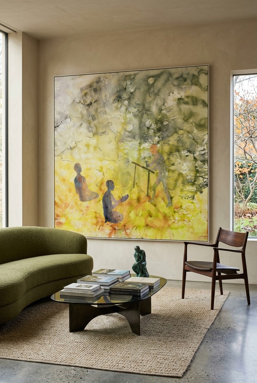 Between the Old and New by Summer Jiang — large yellow and white Landscape canvas art displayed on a wall