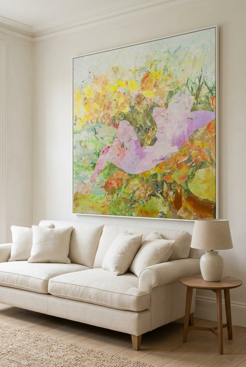 Merge by Summer Jiang — large pink and yellow Abstract canvas art displayed on a wall