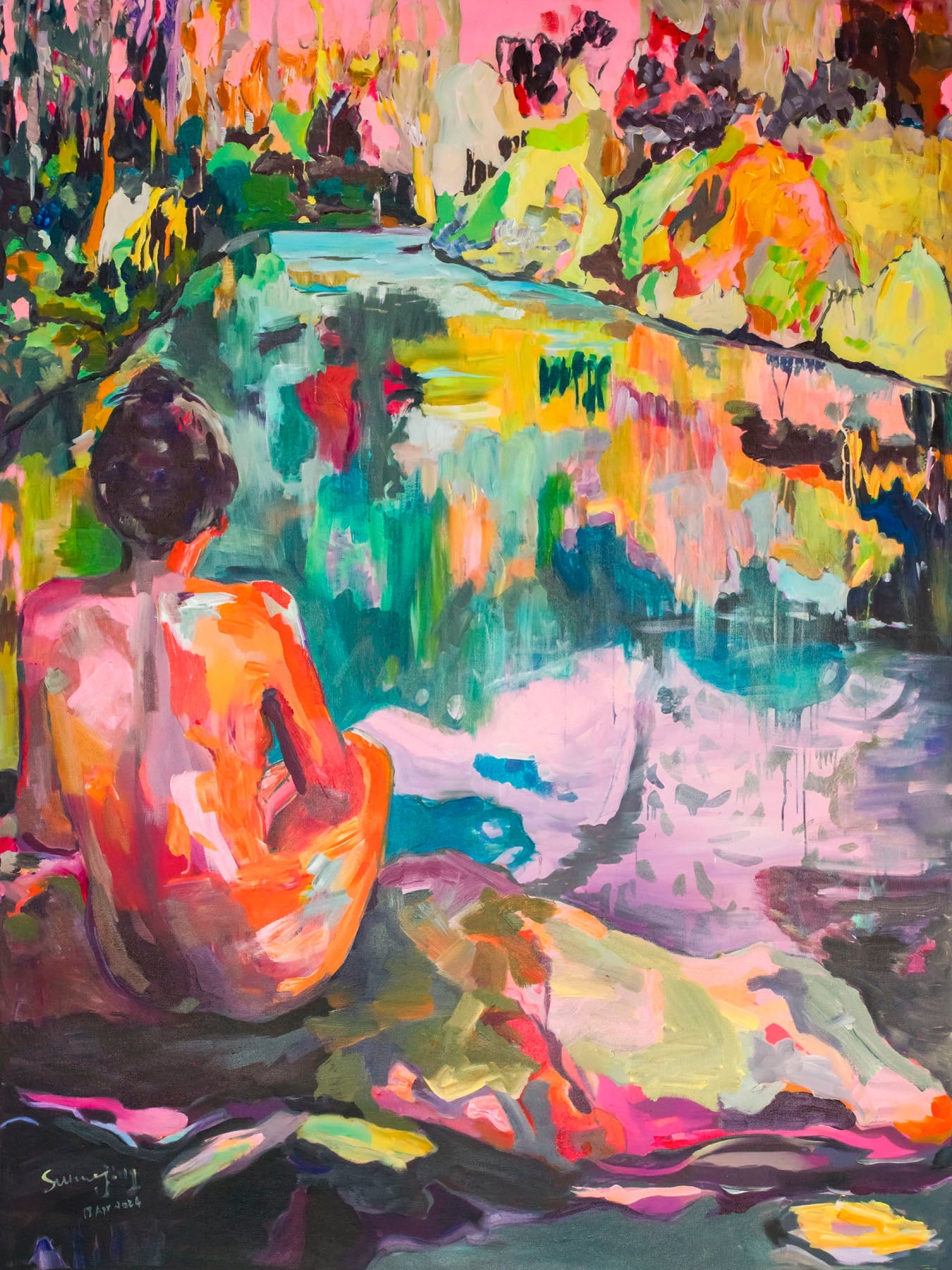 The Start of a Summer — pink orange green Extra Large Contemporary canvas wall art by Summer Jiang