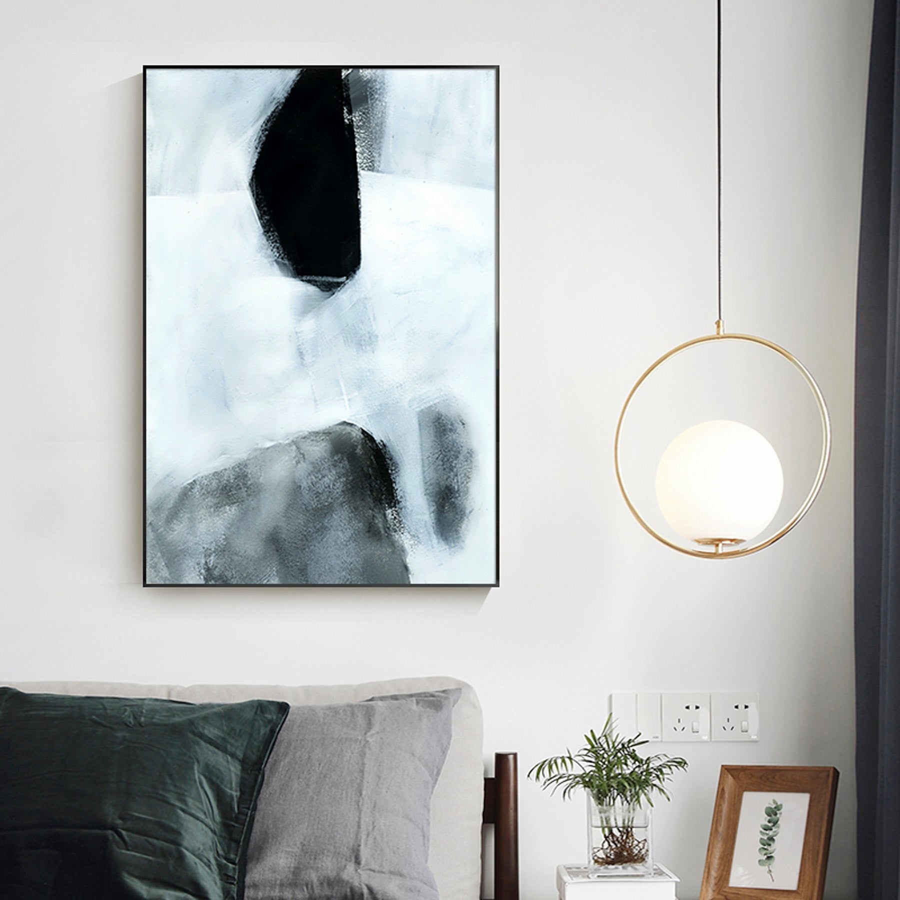 Monochrome Geometry I — large black and white abstract canvas print on the wall of a modern interior