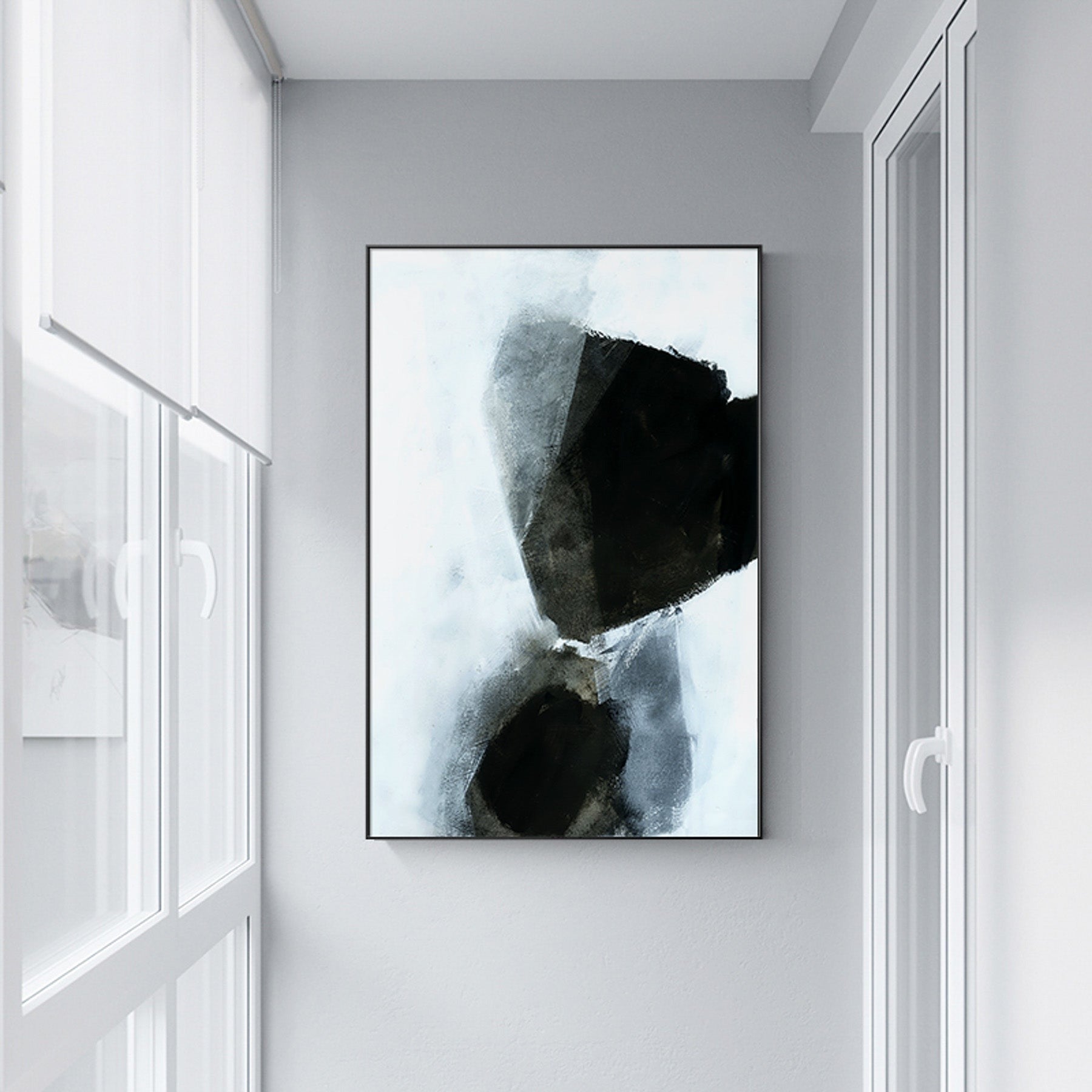 Monochrome Geometry III — large black and white abstract canvas print on the wall of a modern interior
