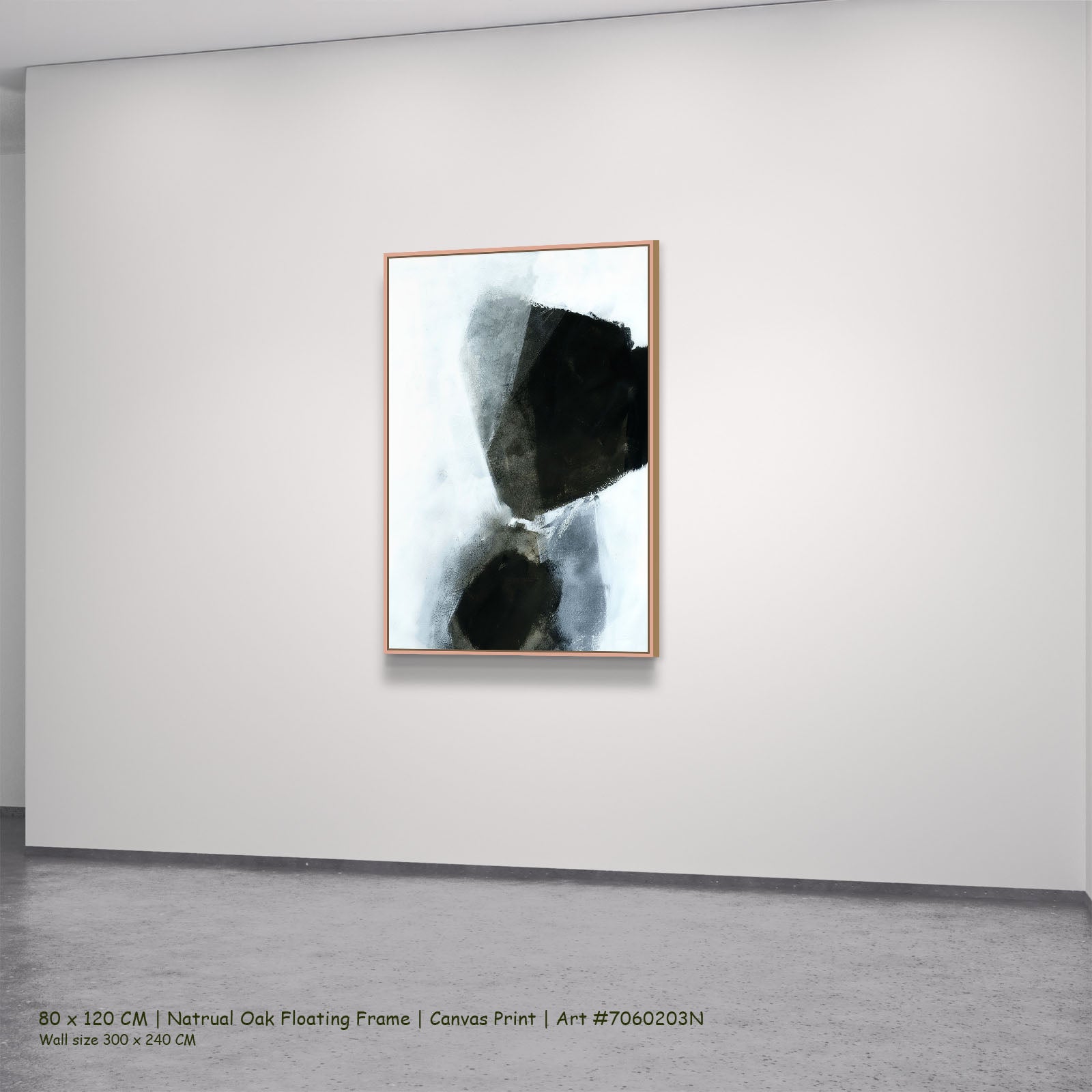 Monochrome Geometry III in a natural oak floating frame, large canvas