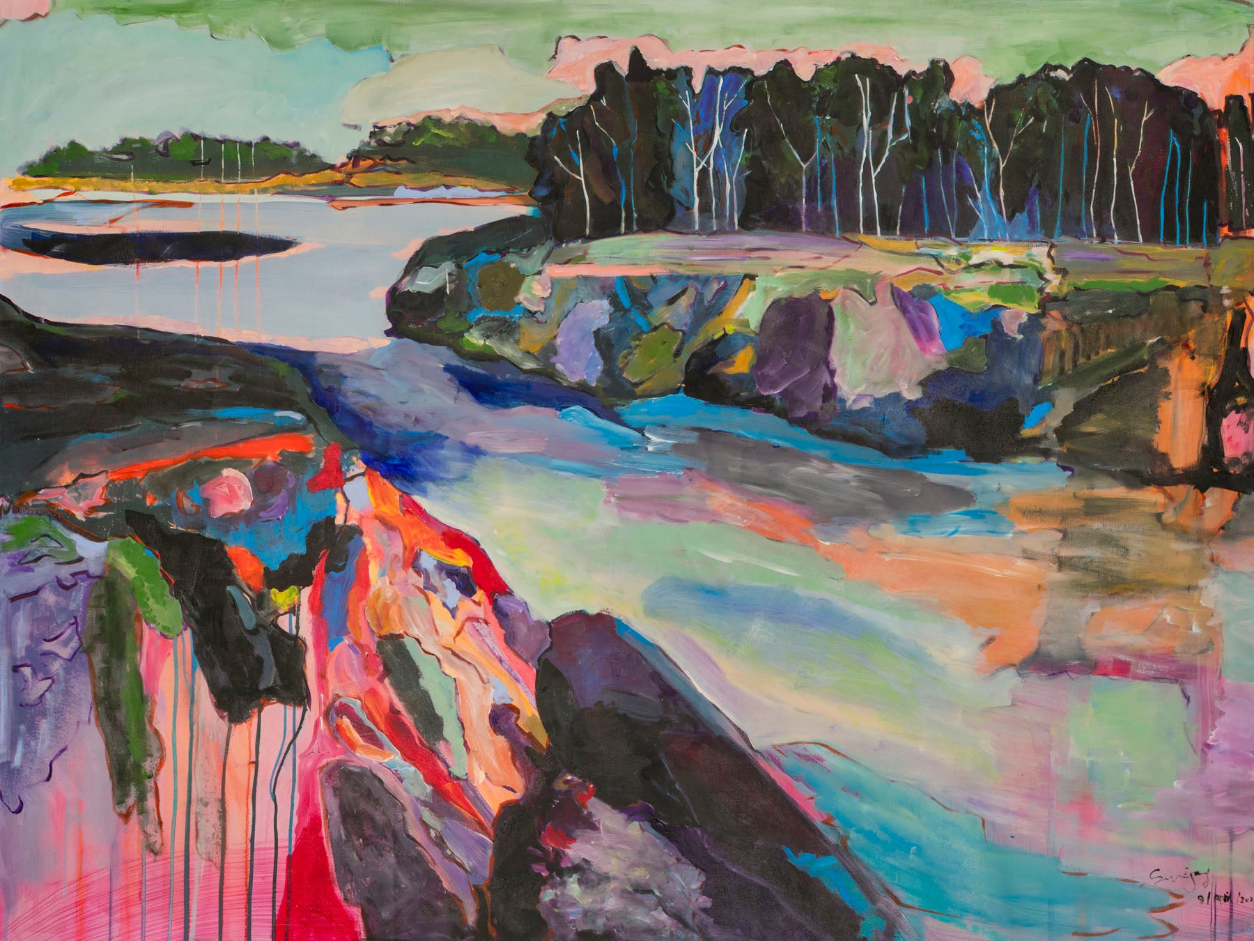 Rebellion — green blue pink Large Modern Landscape canvas wall art by Summer Jiang