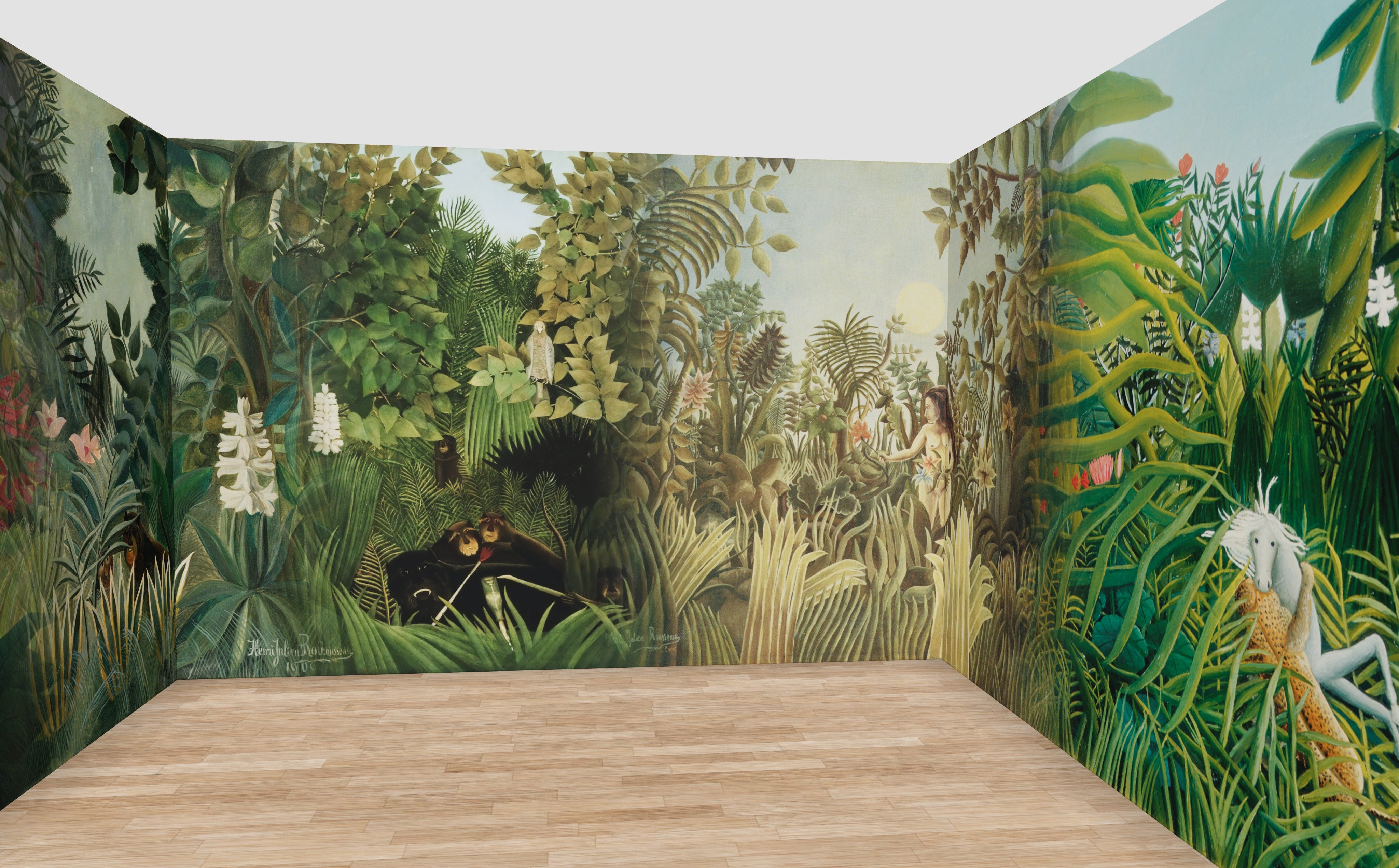 The Jungle Wall Mural — rendered in a 12 m room at 270 cm ceiling