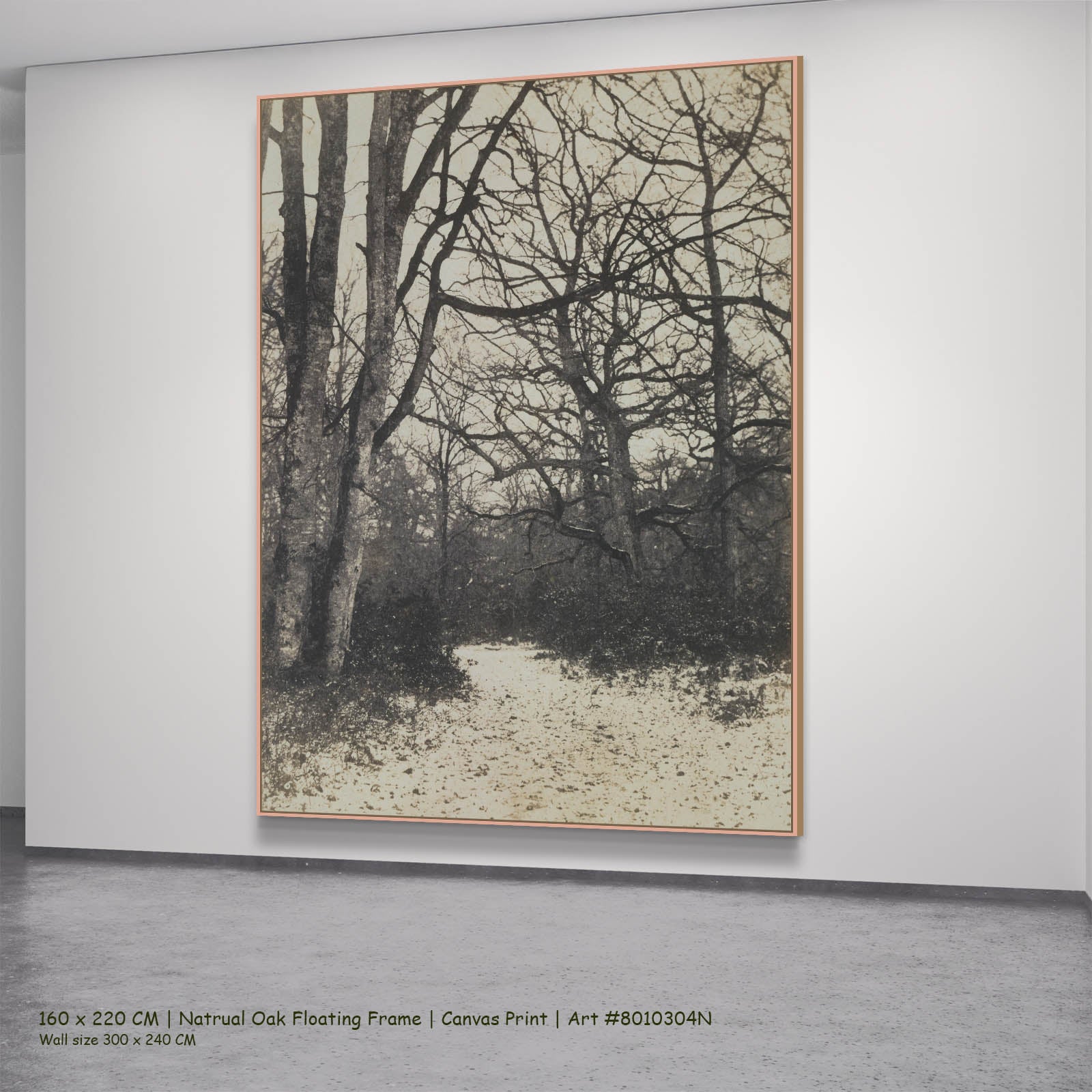 Fontainebleau Forest Landscape canvas wall art in a natural oak floating frame, 160 × 220 cm