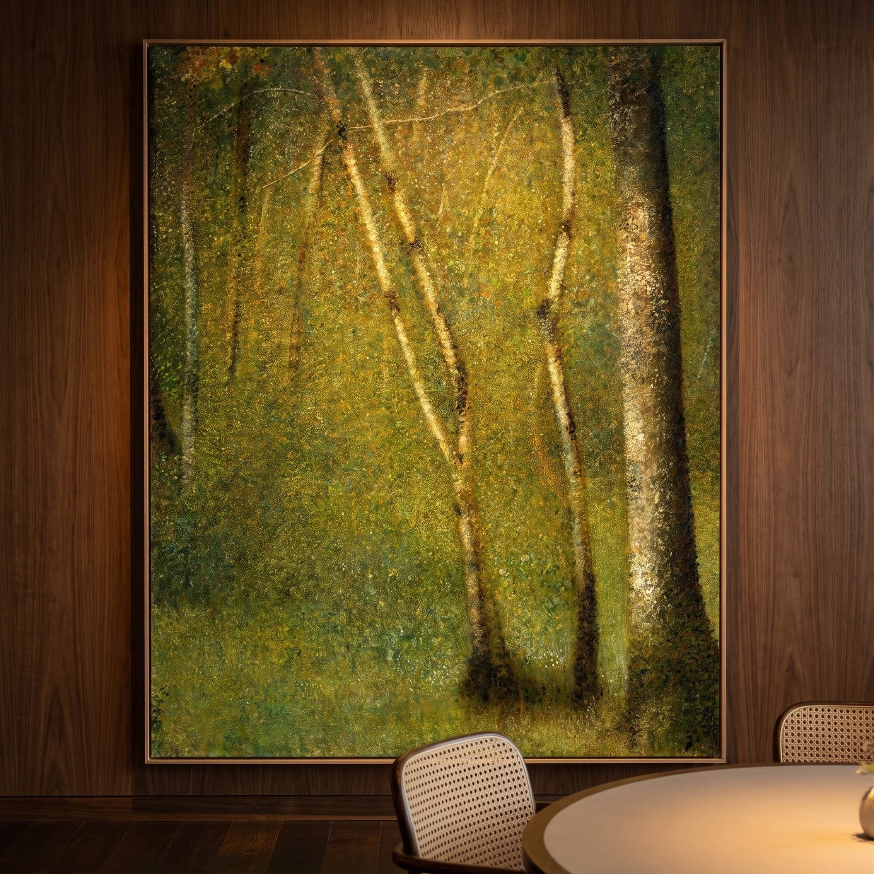 The Forest at Pontaubert Tall Forest Landscape canvas wall art framed and hung on a wall by Georges Seurat