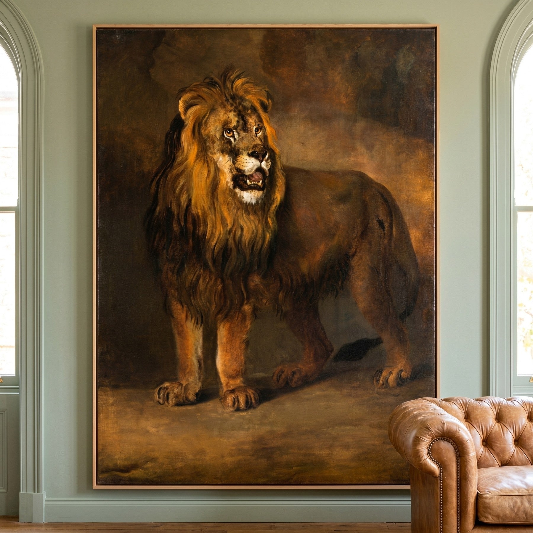 A Lion from the Menagerie of King Louis Napoleon Tall Wildlife canvas wall art framed and hung on a wall by Pieter Gerardus