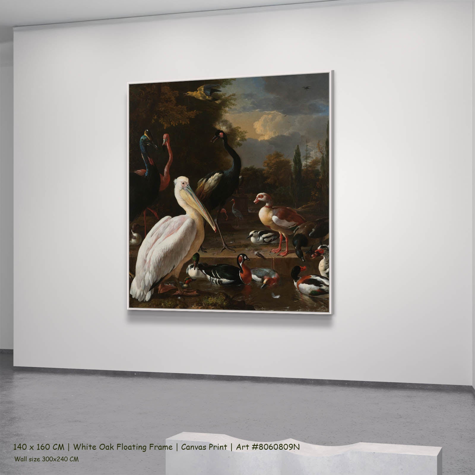 A Pelican & Other Birds (The Floating Feather) Wildlife canvas wall art in a white oak floating frame, 140 × 160 cm