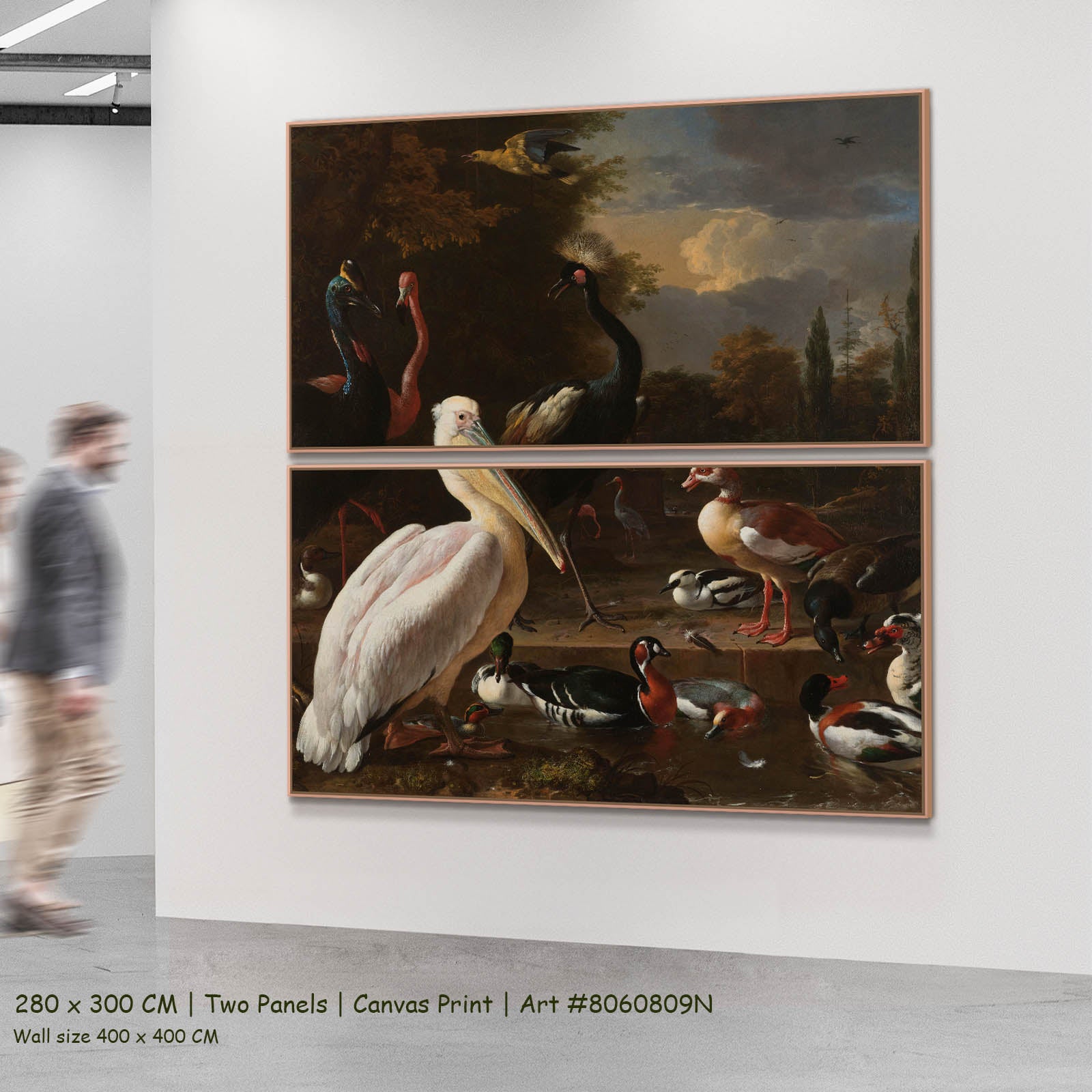 A Pelican & Other Birds (The Floating Feather) Wildlife two-panel canvas wall art set, 280 × 300 cm