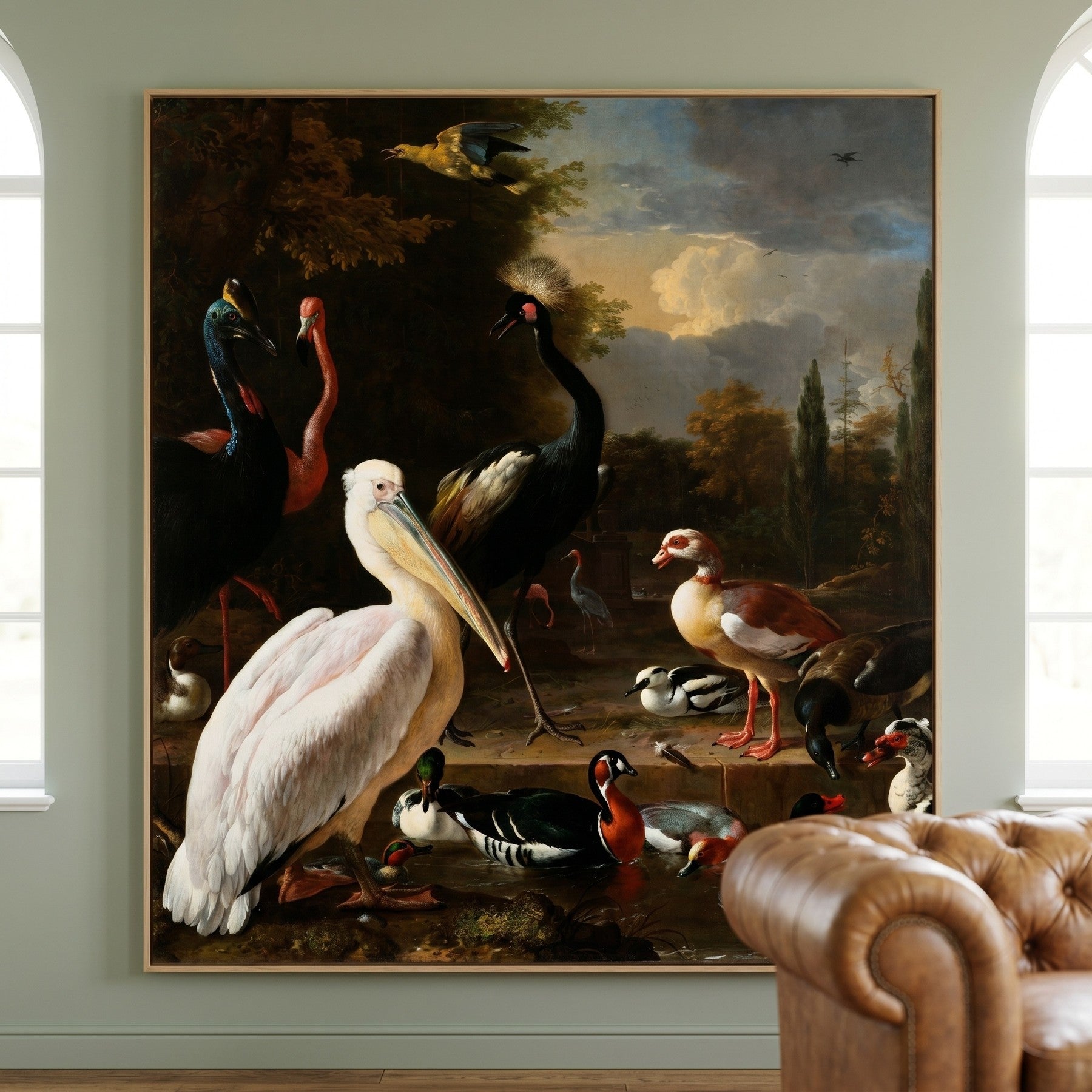 A Pelican & Other Birds (The Floating Feather) Tall Baroque Wildlife canvas wall art framed and hung on a wall by Melchior