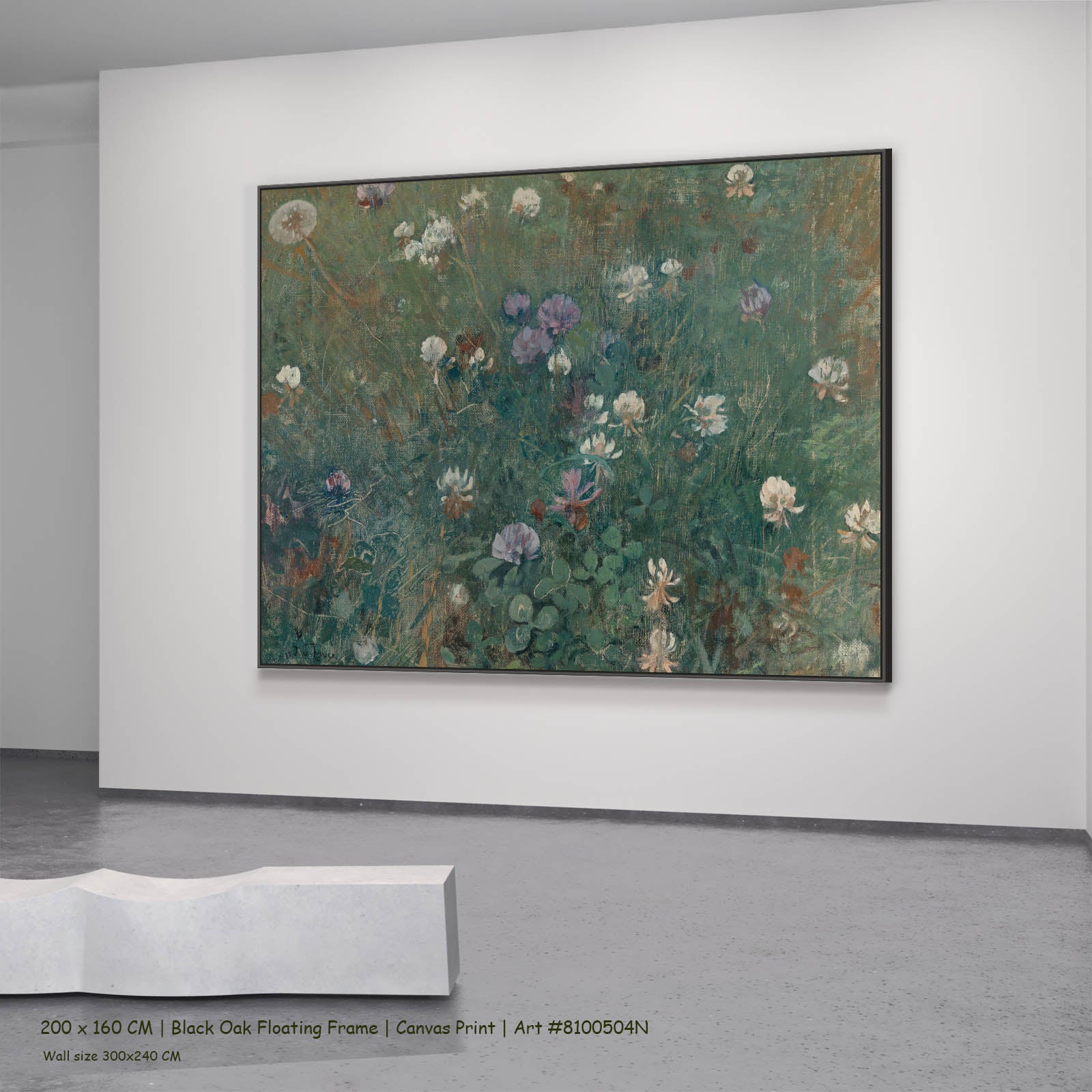 Blooming Clover Meadow canvas wall art in a black oak floating frame, 200 × 160 cm
